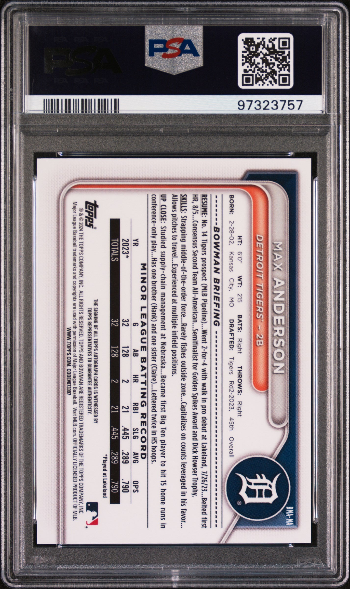 2024 Bowman Mega Box Chrome Bowman Prospect Mega Autographs #MA Max Anderson Chrome-Prospect Autograph PSA 10