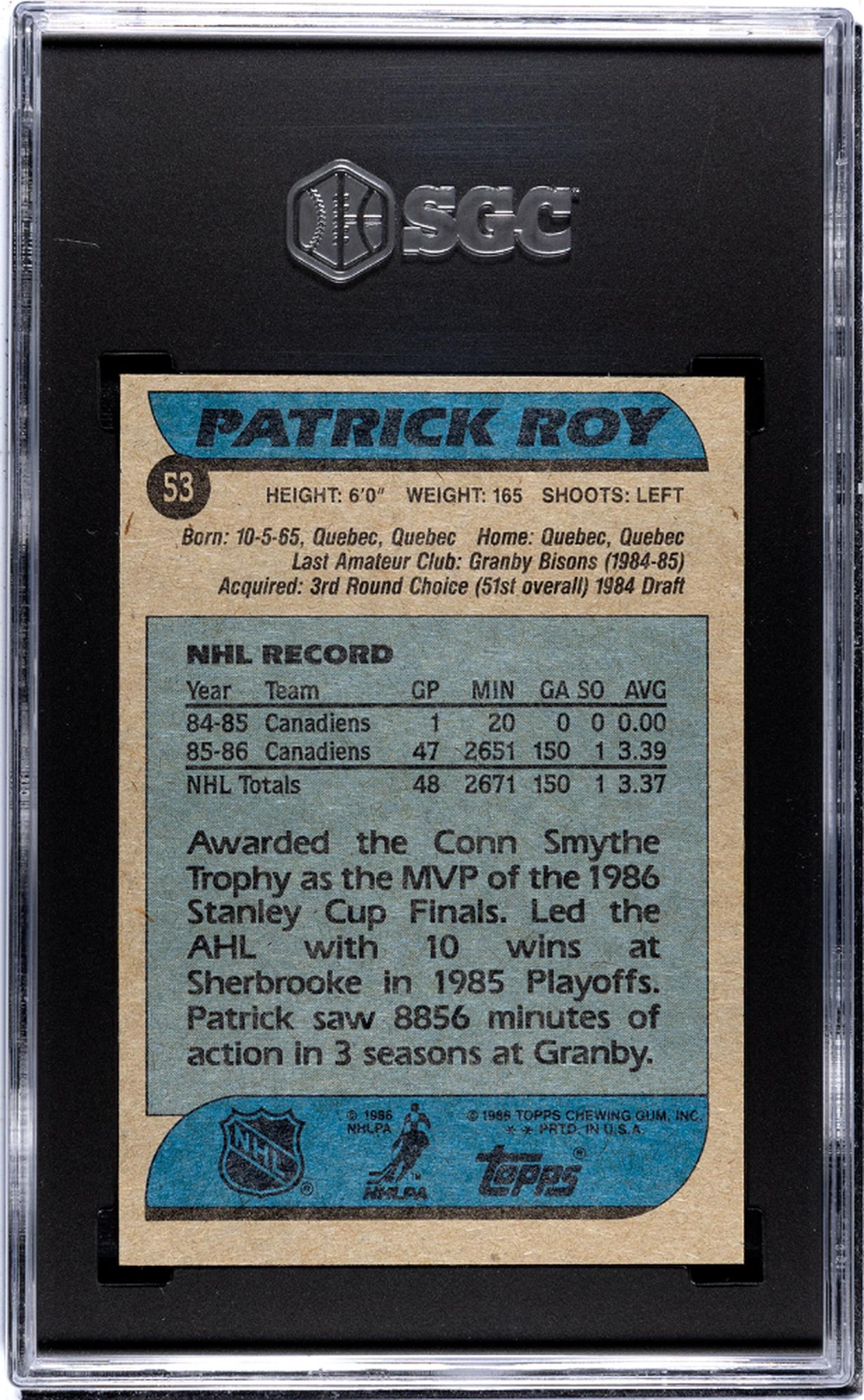 1986 Topps #53 Patrick Roy SGC 6