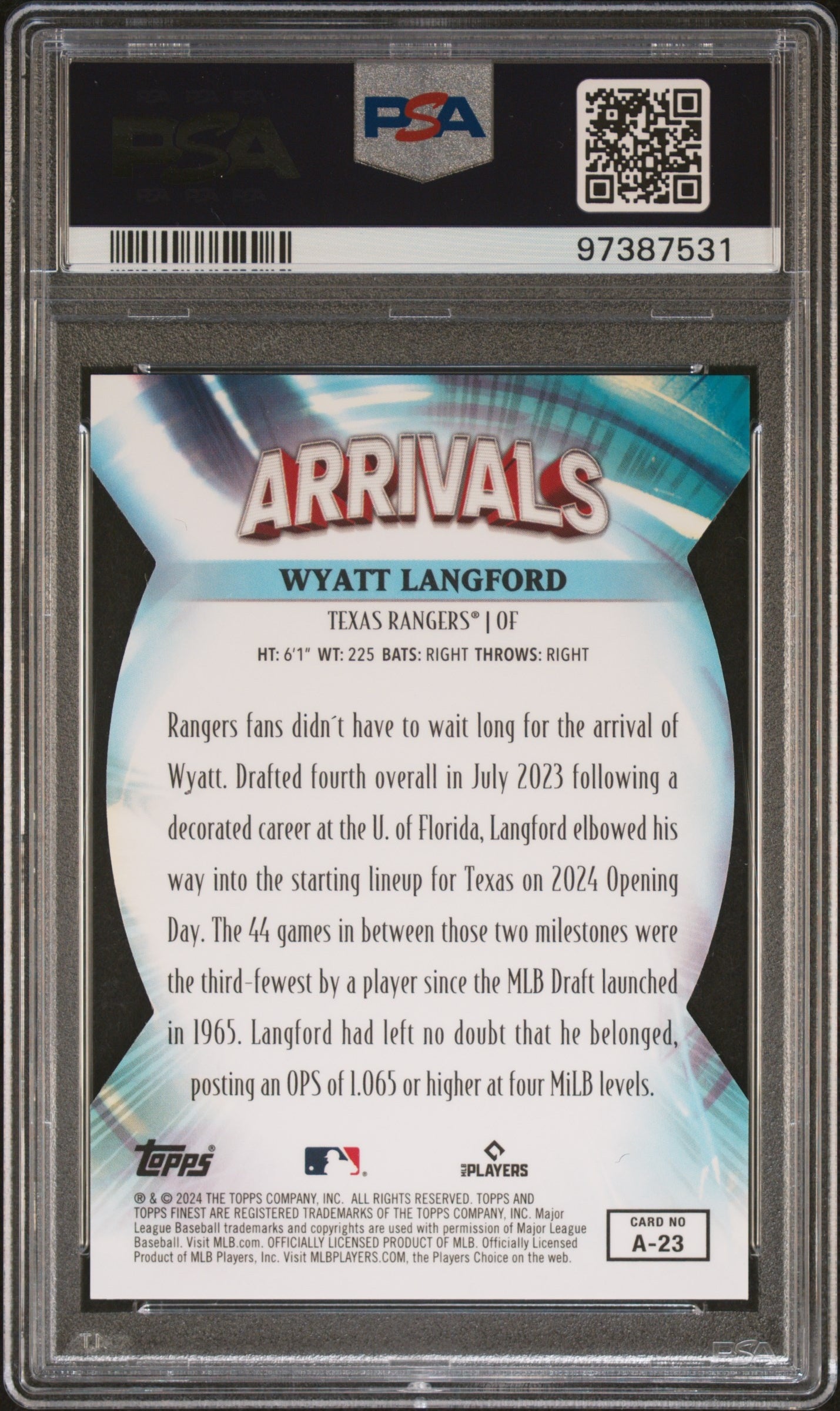 2024 Topps Finest Green Refractor Wyatt Langford #A23 RC /75 PSA 10