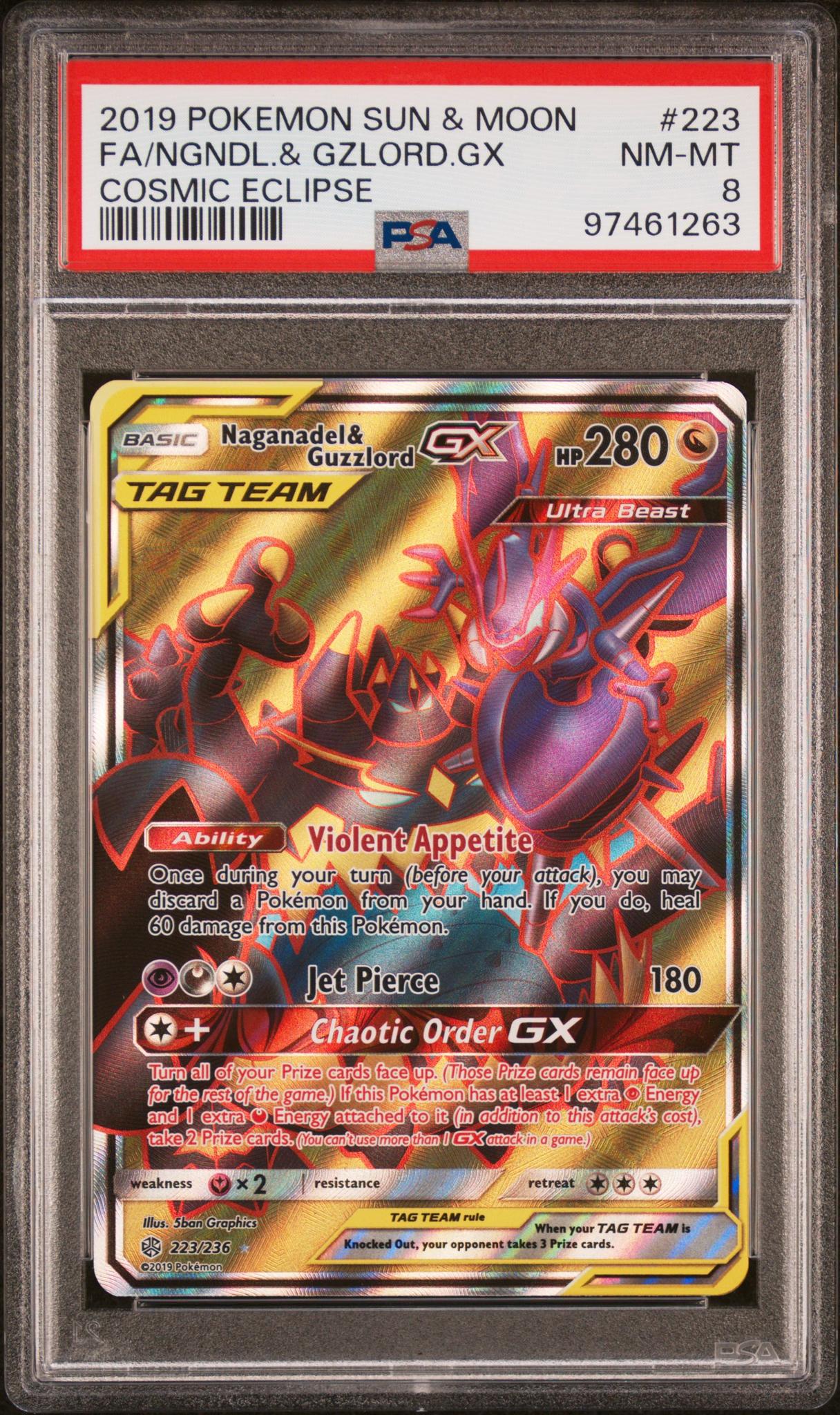 2019 Pokemon Sun & Moon Cosmic Eclipse FA Naganadel & Guzzlord GX #223 PSA 8