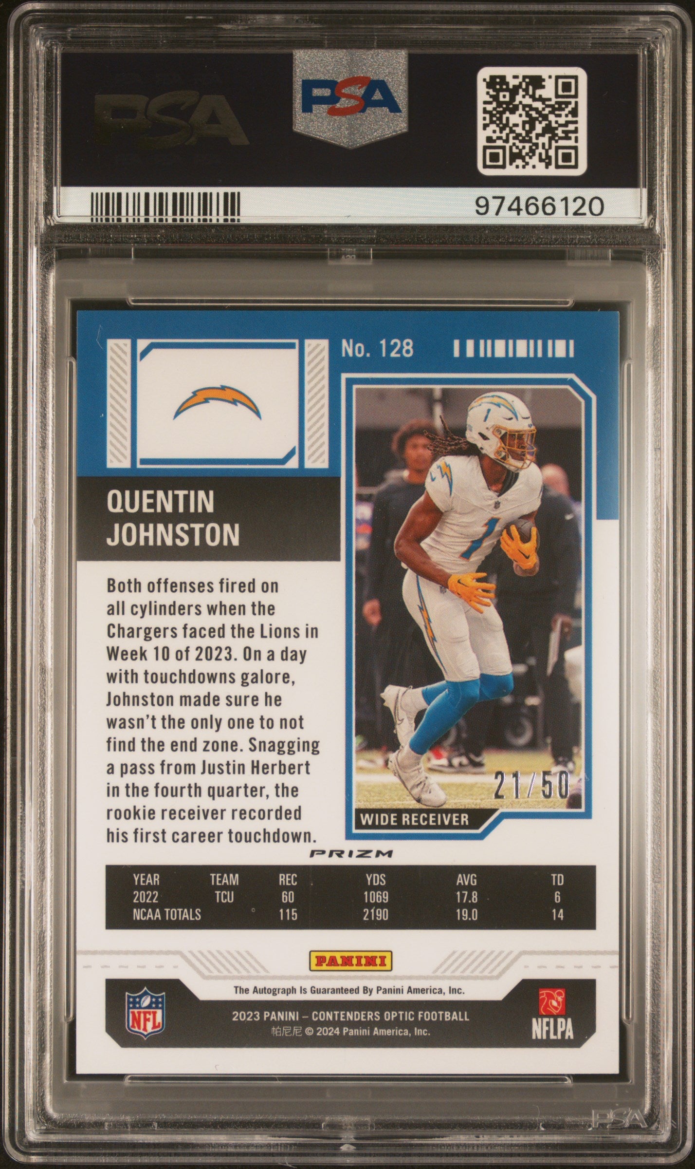 2023 Contenders Optic #128 Quentin Johnston Rookie Ticket /50 PSA 9