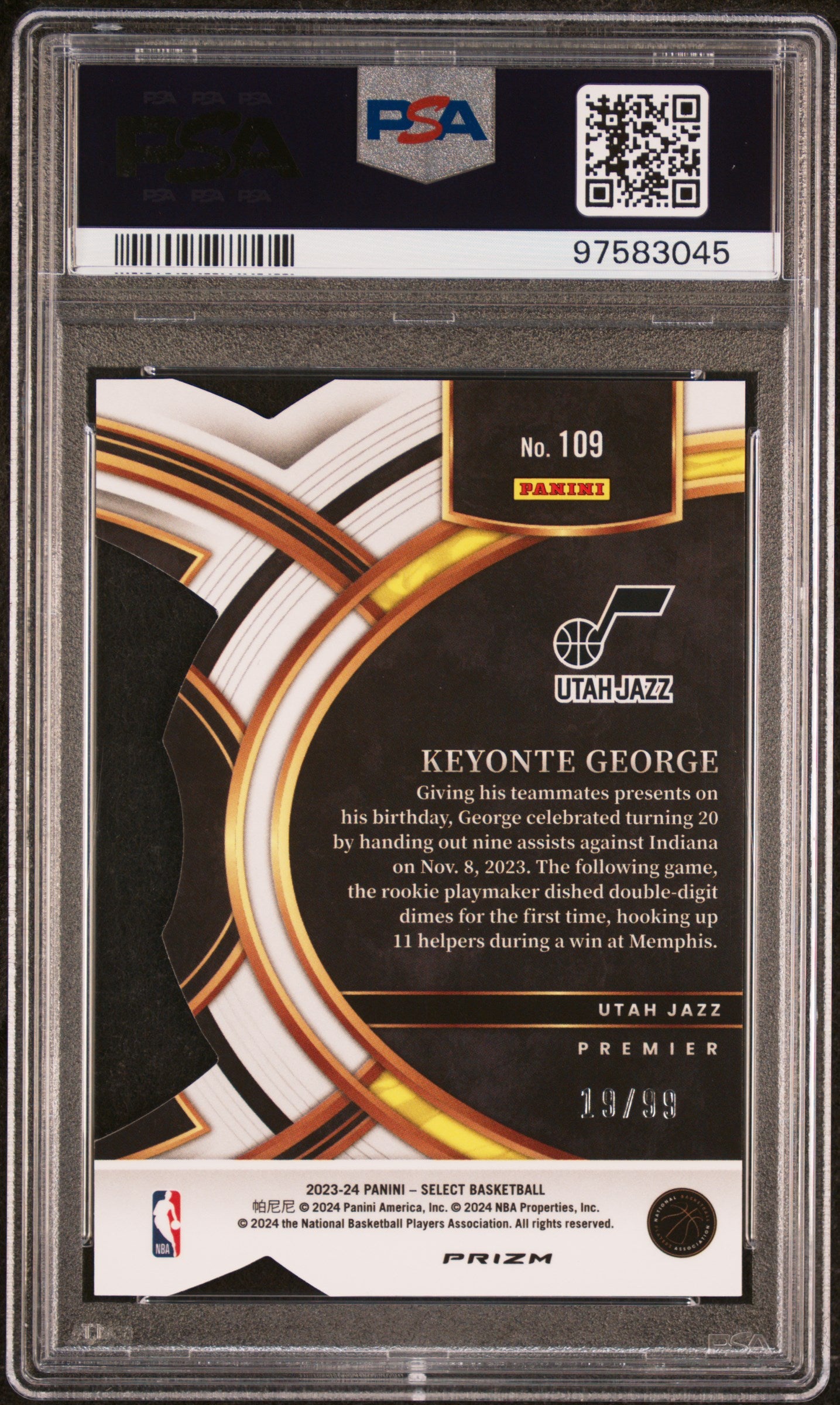 2023 Panini Select #109 Keyonte George Purple Die-Cut PSA 10