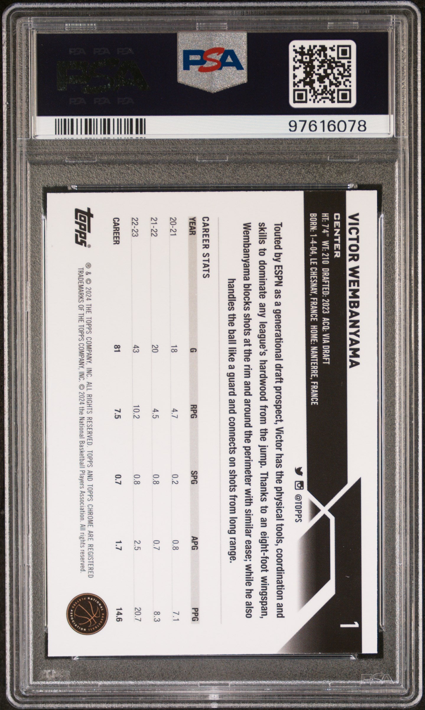 2023 Topps Chrome Victor Wembanyama #1 PSA 10