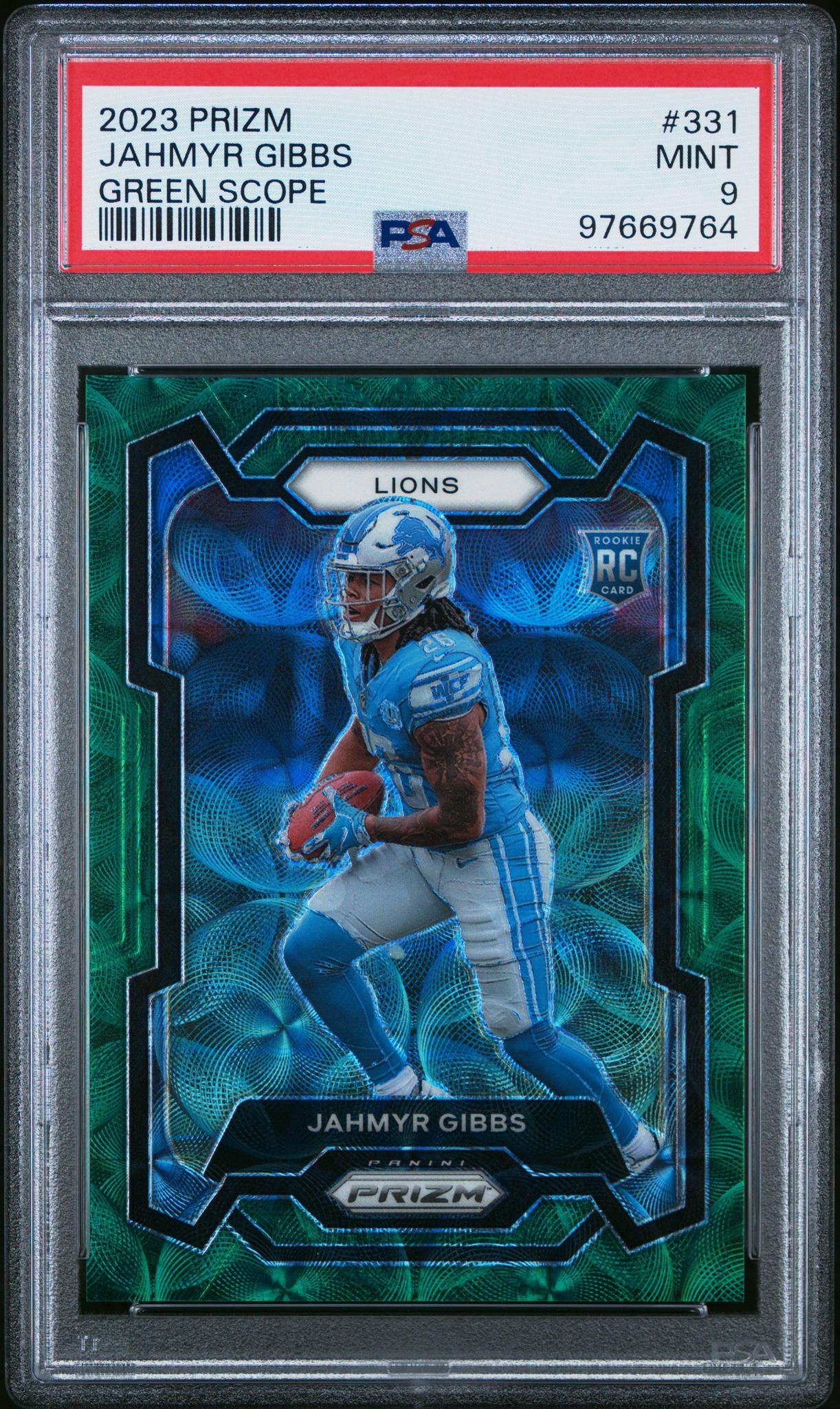 2023 Panini Prizm Rookie Green Scope /75 #331 Jahmyr Gibbs PSA 9