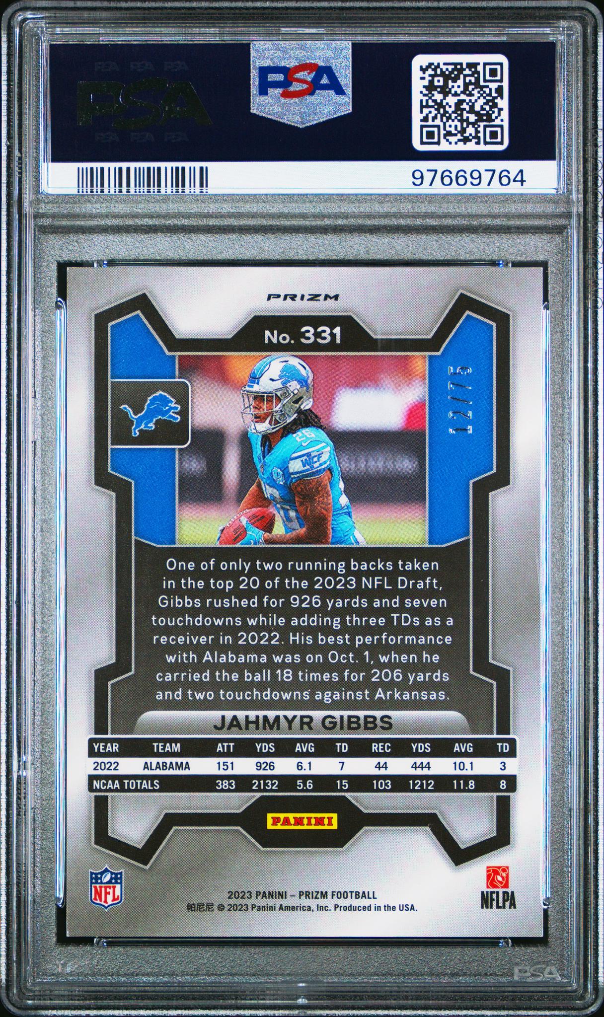 2023 Panini Prizm Rookie Green Scope /75 #331 Jahmyr Gibbs PSA 9