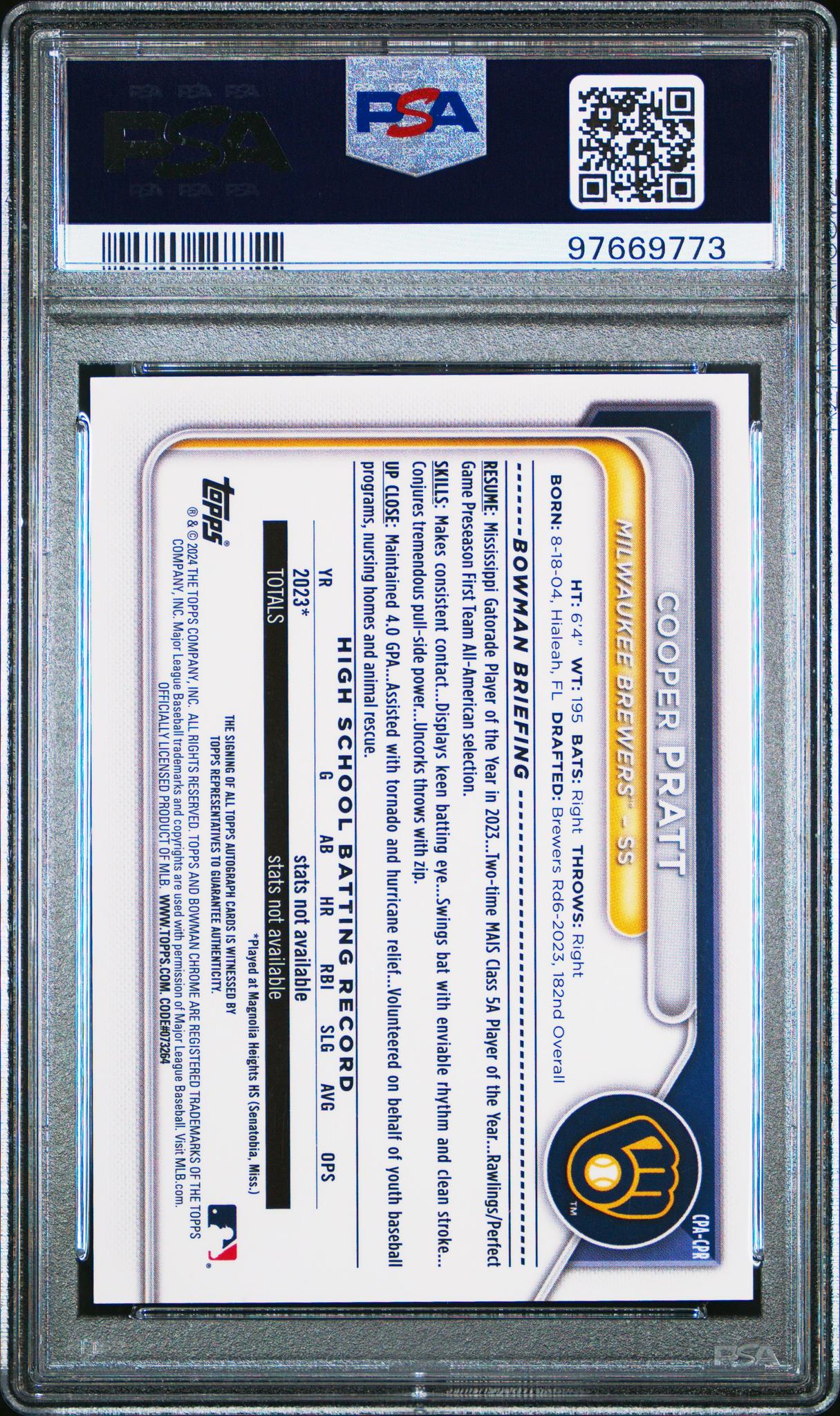 2024 Bowman Chrome Prospect Autograph Cooper Pratt #CPA-CPR Auto PSA 10