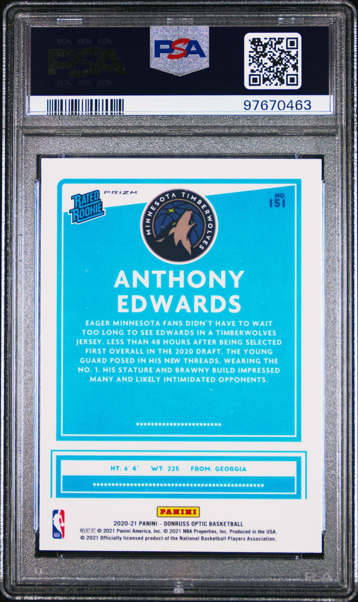 2020 Panini Donruss Optic Hyper Pink Anthony Edwards #151 RC PSA 9