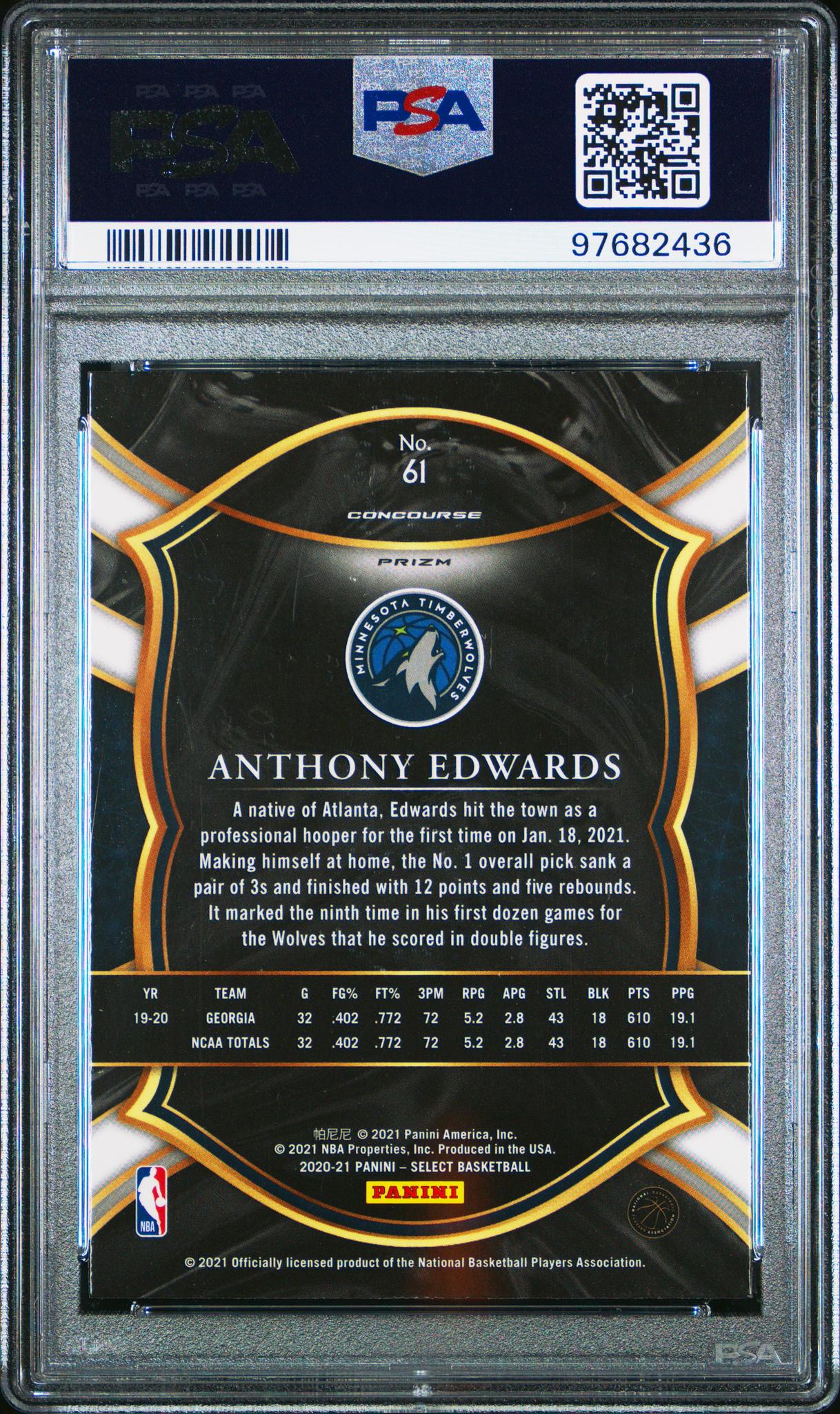 2020 Panini Select Blue White Purple Cracked Ice Anthony Edwards #61 RC PSA 9