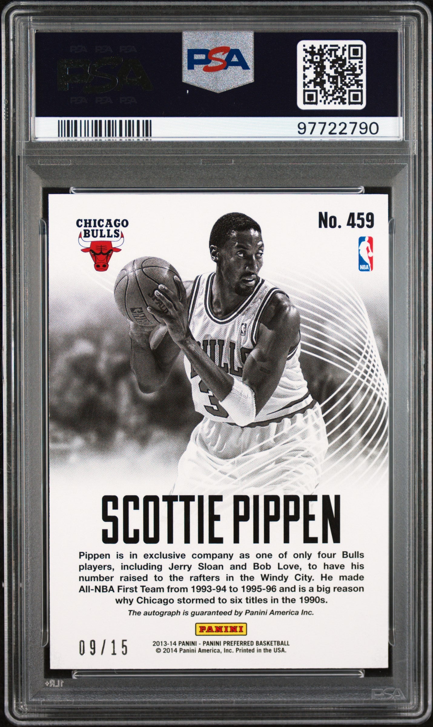 2013 Panini Preferred NBA Pride Blue Scottie Pippen #459 Auto /15 PSA 10