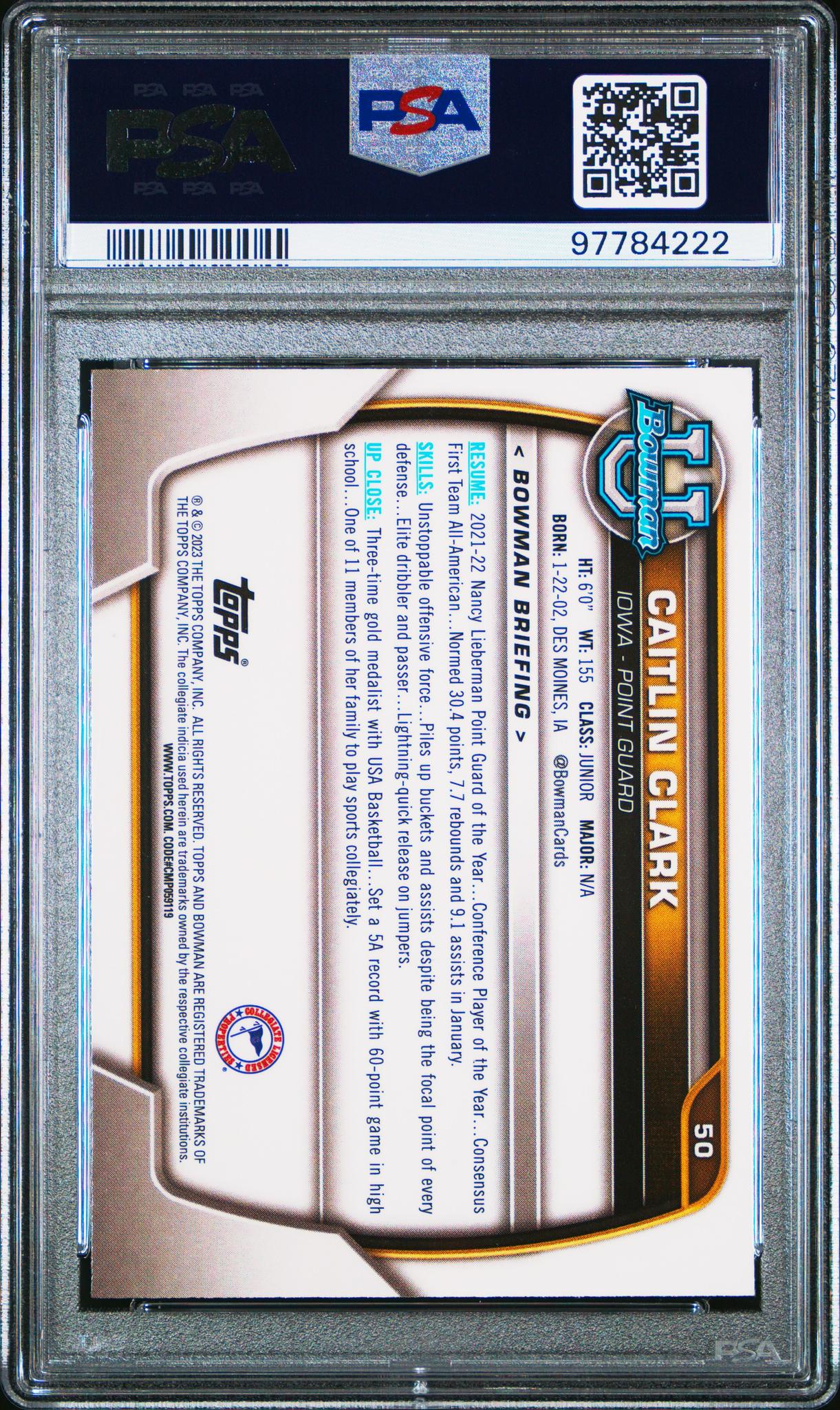 2022 Bowman Chrome University Caitlin Clark #50 PSA 10