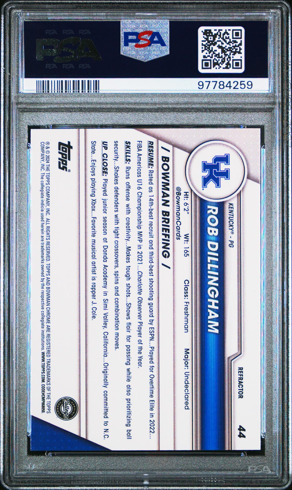 2023 Bowman University Chrome Refractor Rob Dillingham #44 PSA 10