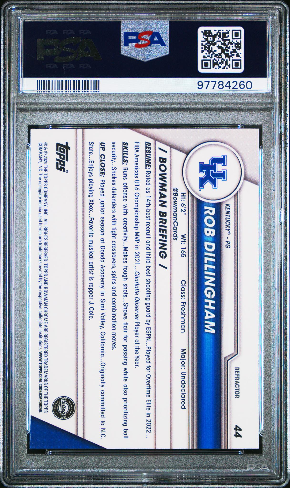 2023 Bowman University Chrome Refractor Rob Dillingham #44 PSA 10