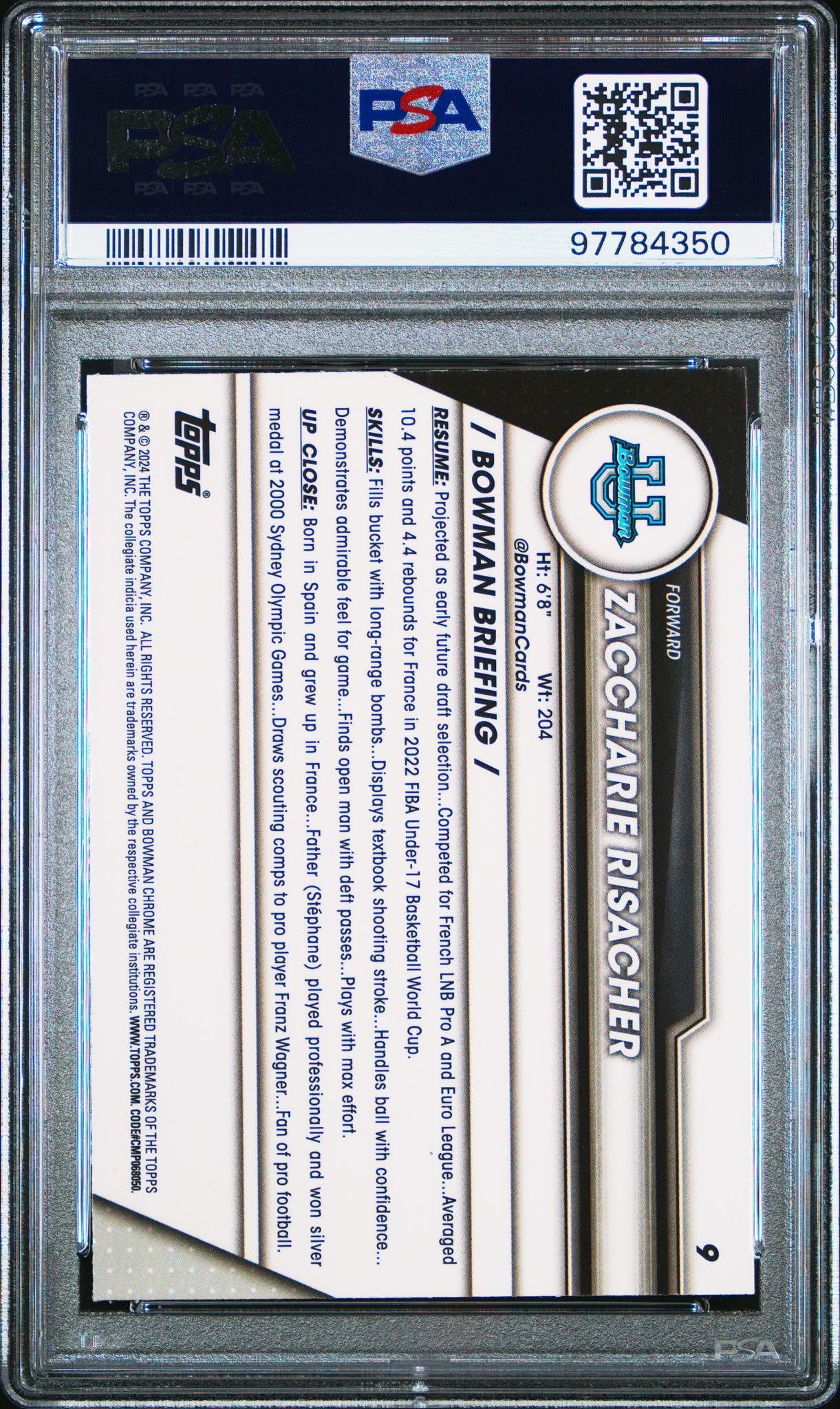 2023 Bowman U Sapphire Zaccharie Risacher #9 PSA 9