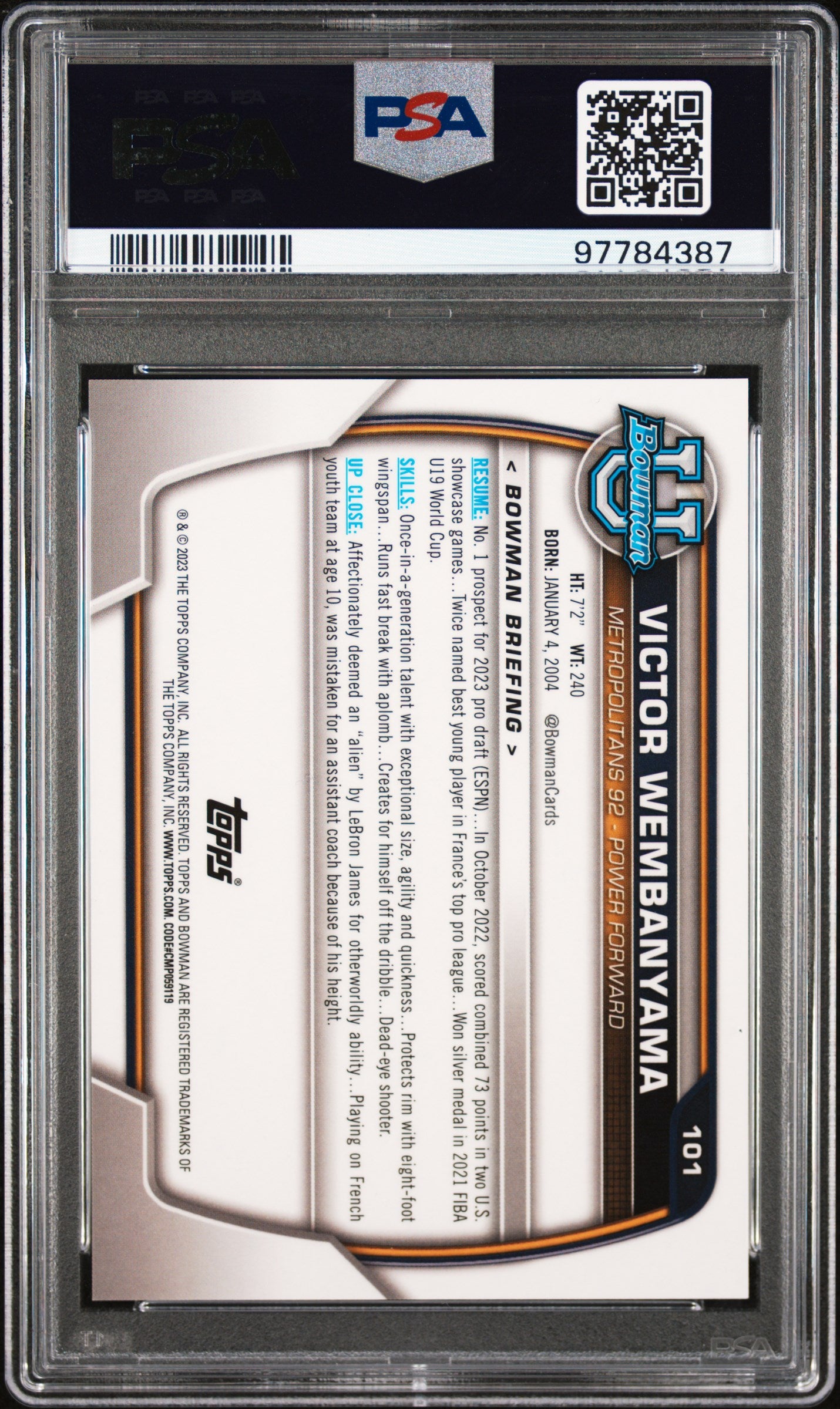 2022 Bowman University Victor Wembanyama #101 PSA 9