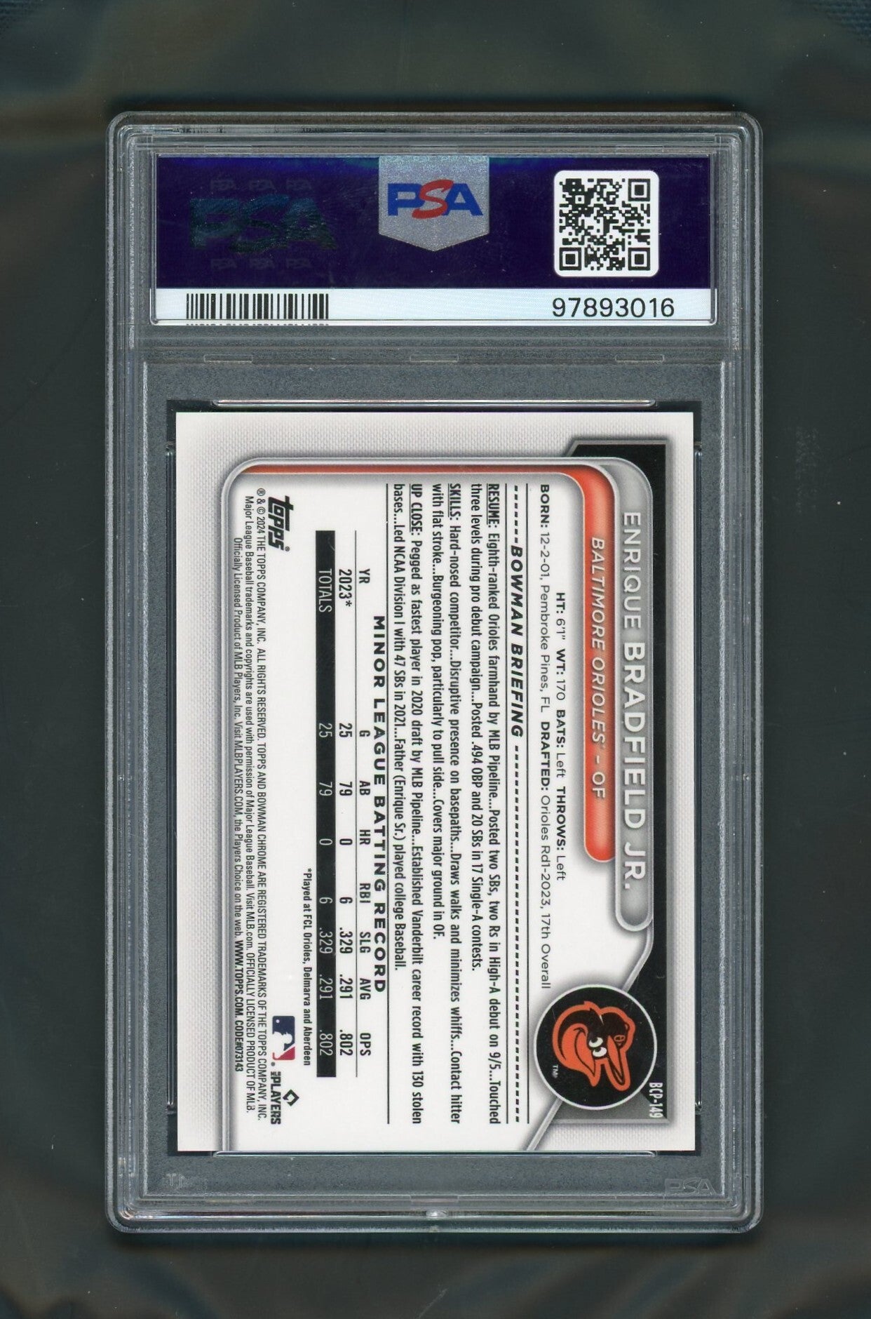 2024 Bowman Sapphire #BCP149 Enrique Bradfield Jr. 1/1 PSA 8 Orioles