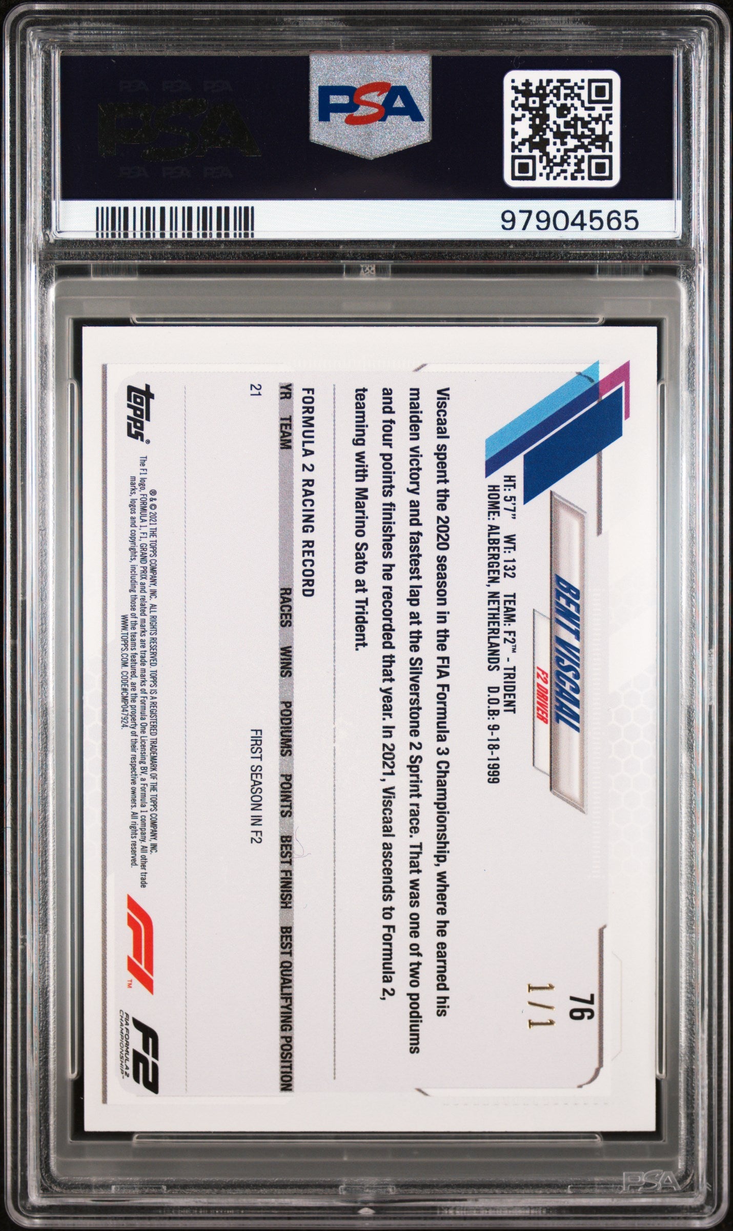 2021 Topps Formula 1 Foilfractor Bent Viscaal #76 1/1 PSA 9