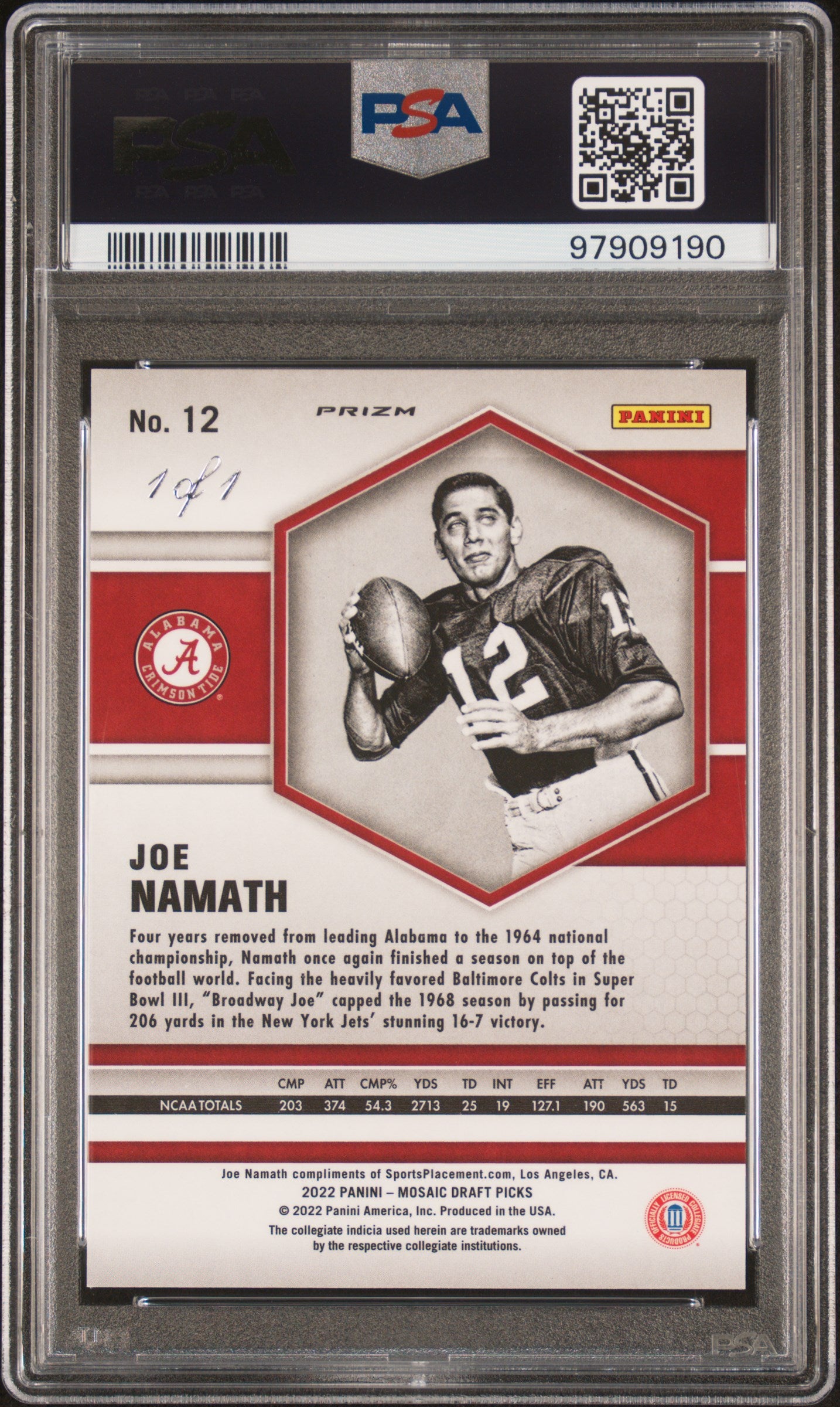 2022 Panini Mosaic Draft Picks Black Mosaic Joe Namath #12 1/1 PSA 9