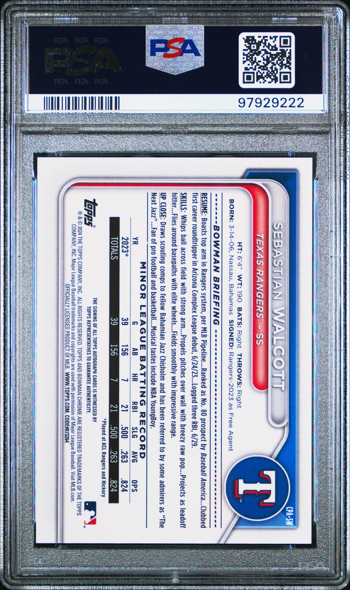 2024 Topps Bowman Chrome Prospect Autograph Sebastian Walcott #CPA-SW PSA 10