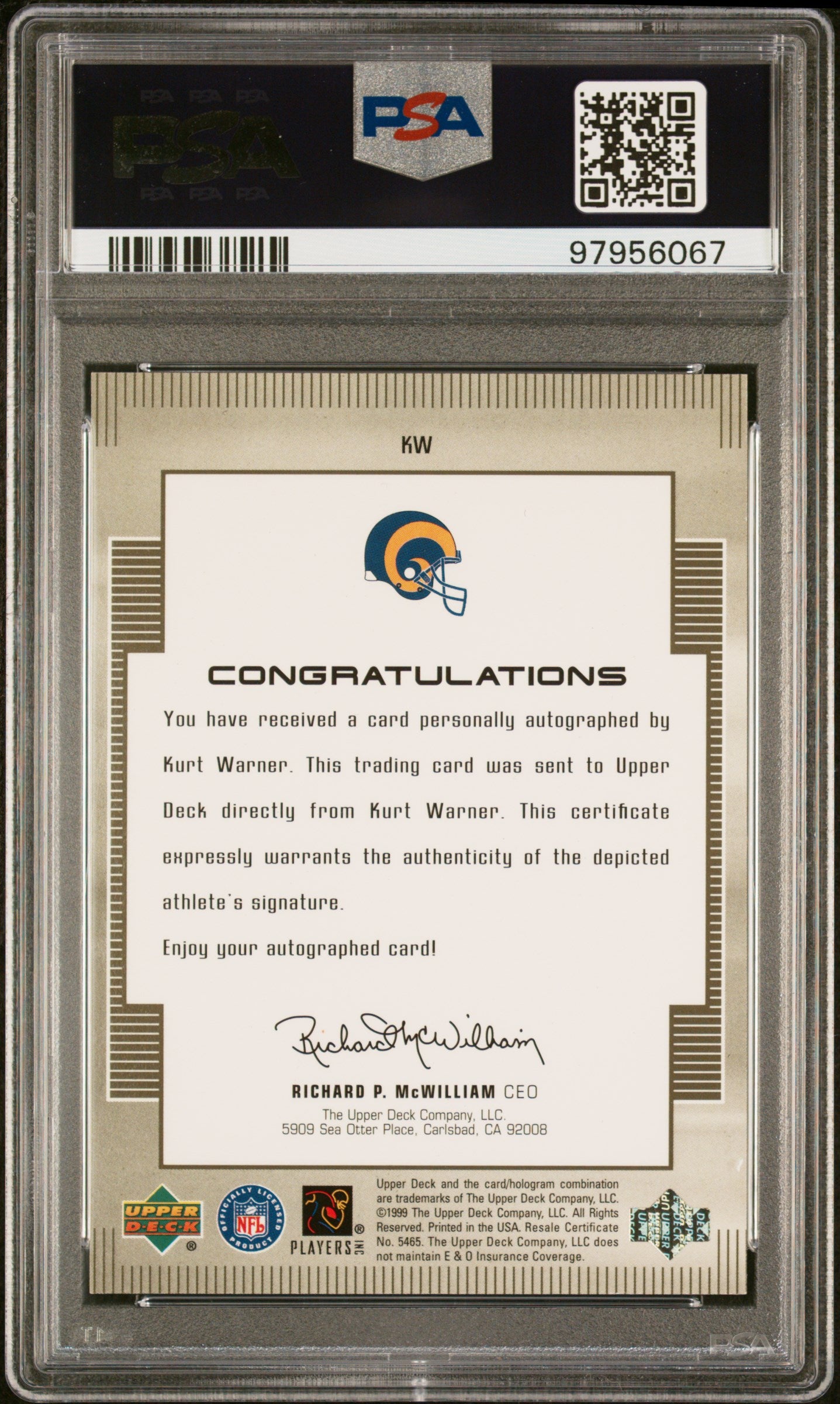1999 Upper Deck Encore Kurt Warner #KW Auto PSA 10