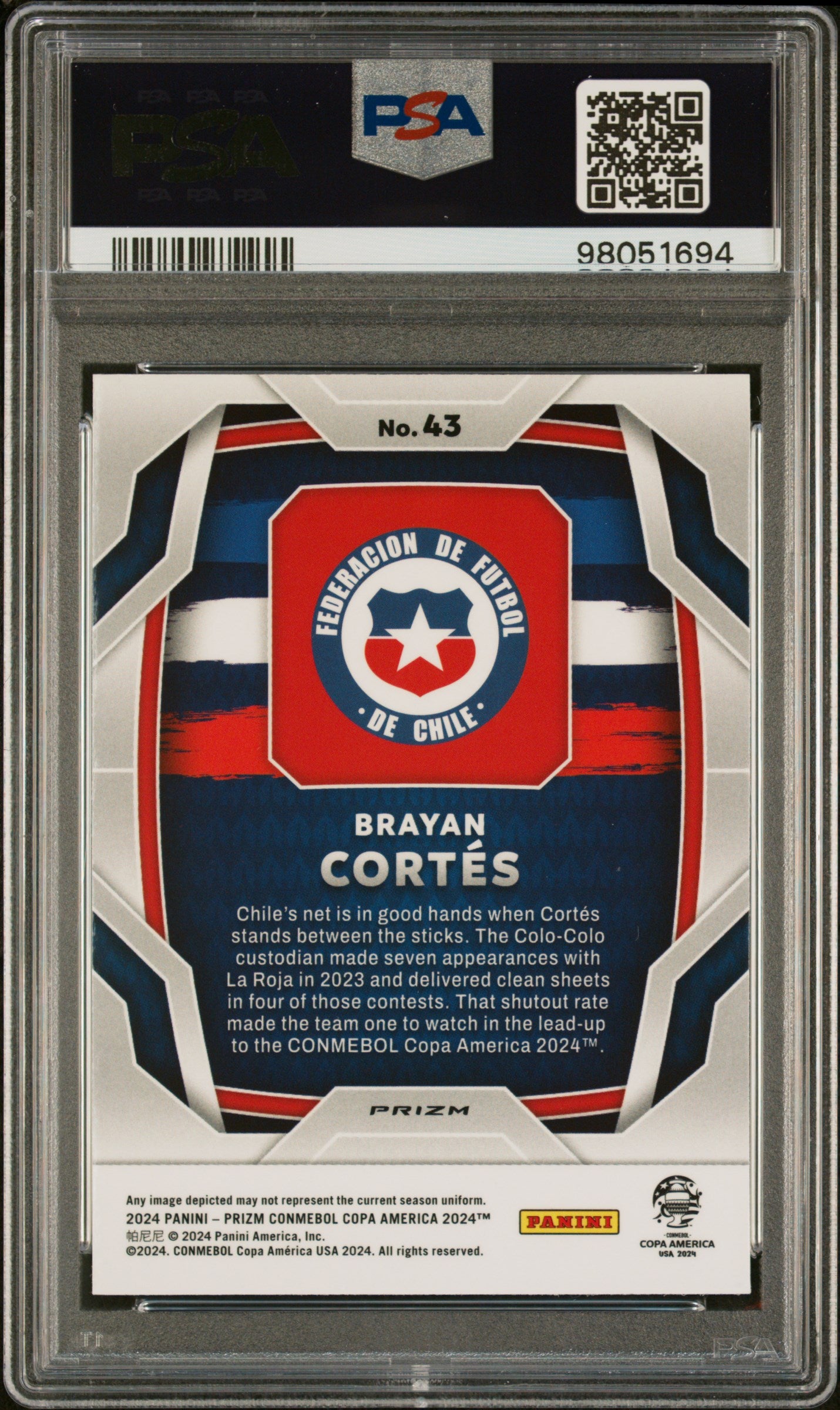 2024 Panini Prizm Conmebol Copa America White Sparkle Brayan Cortes #43 PSA 10