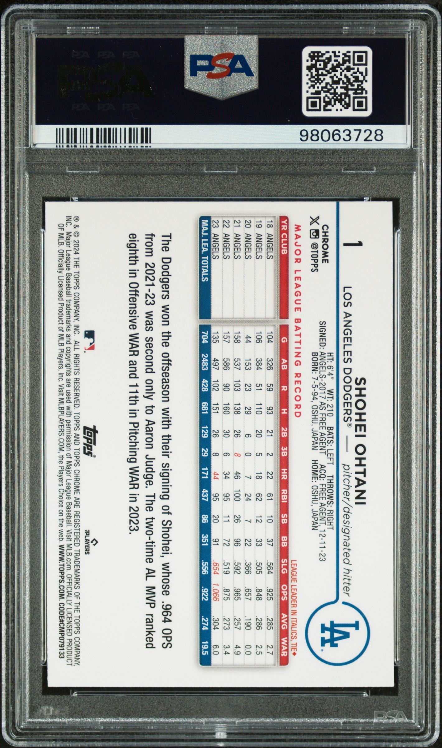 2024 Topps Chrome Logofractor Green /99 #1 Shohei Ohtani PSA 10