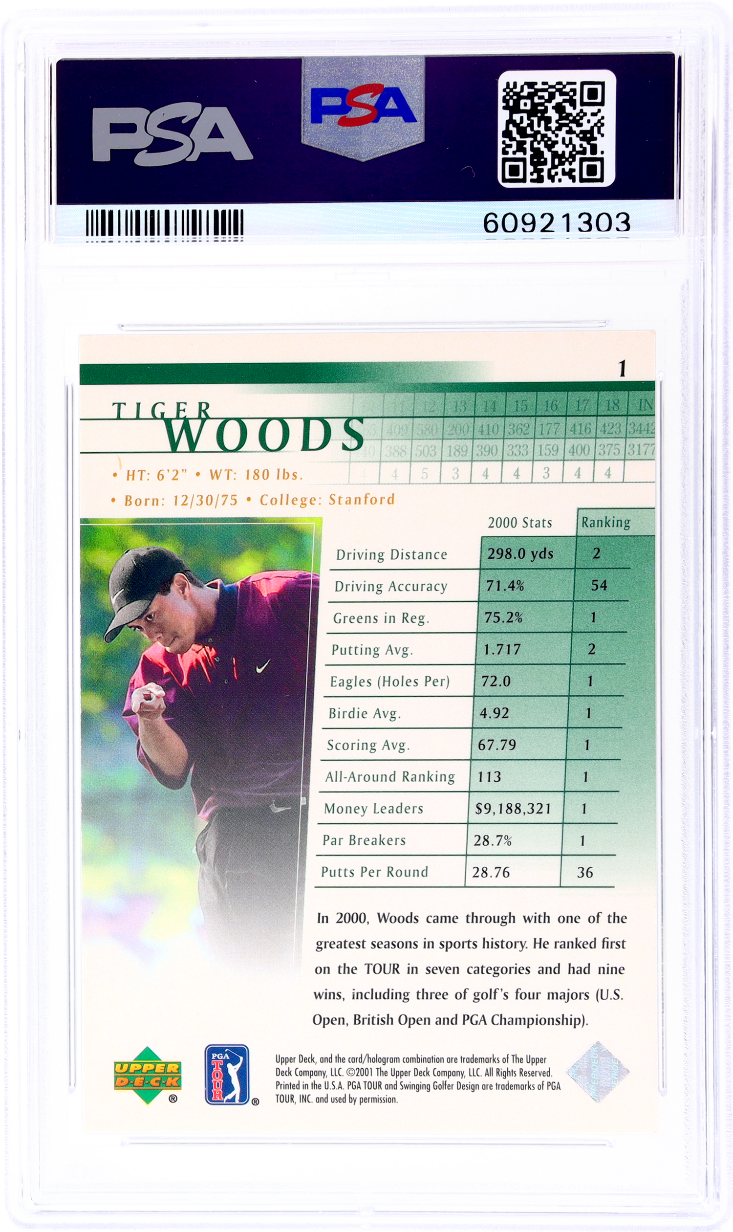 2001 Upper Deck #1 Tiger Woods PSA 7