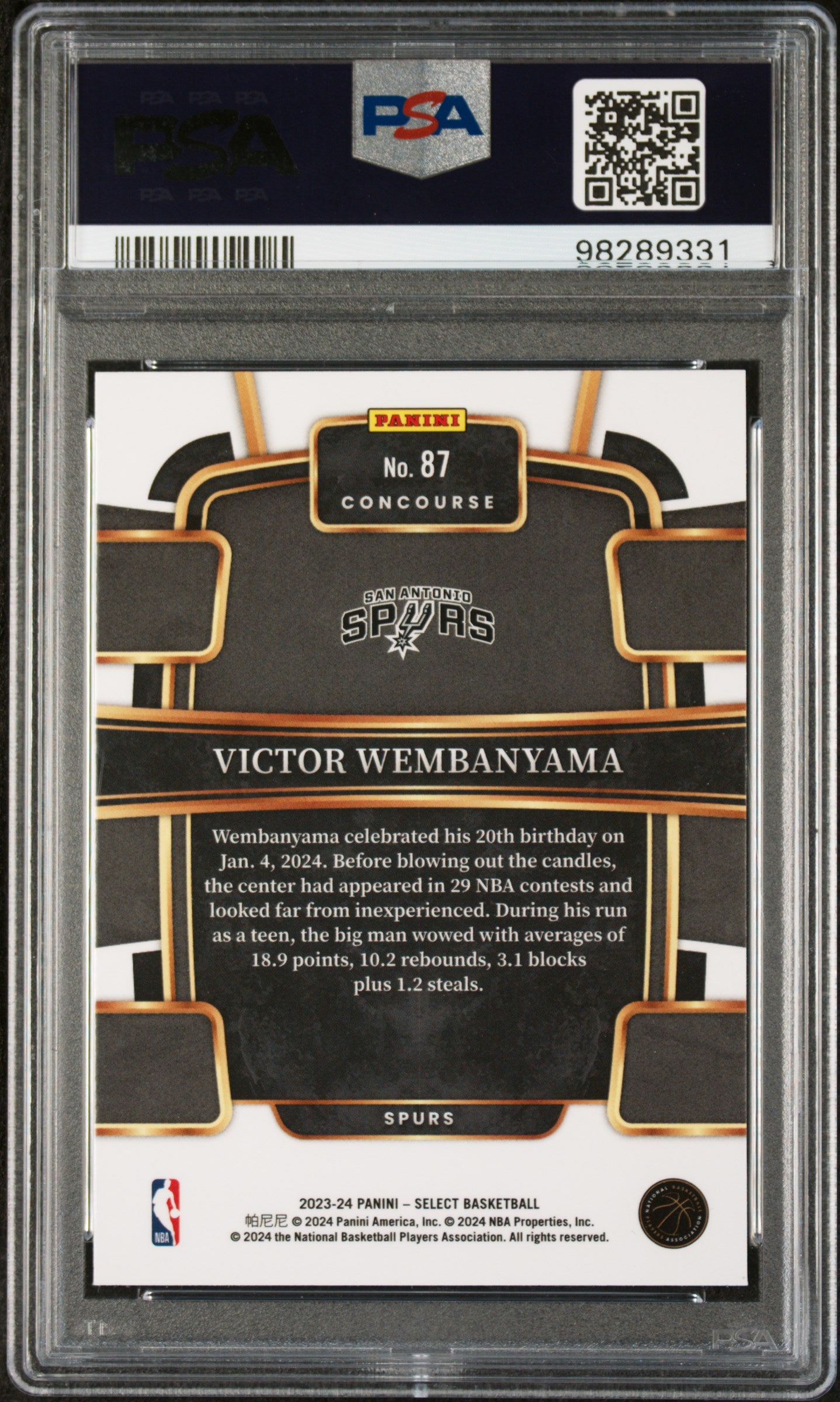 2023 Panini Select Blue Victor Wembanyama #87 RC Concourse PSA 9