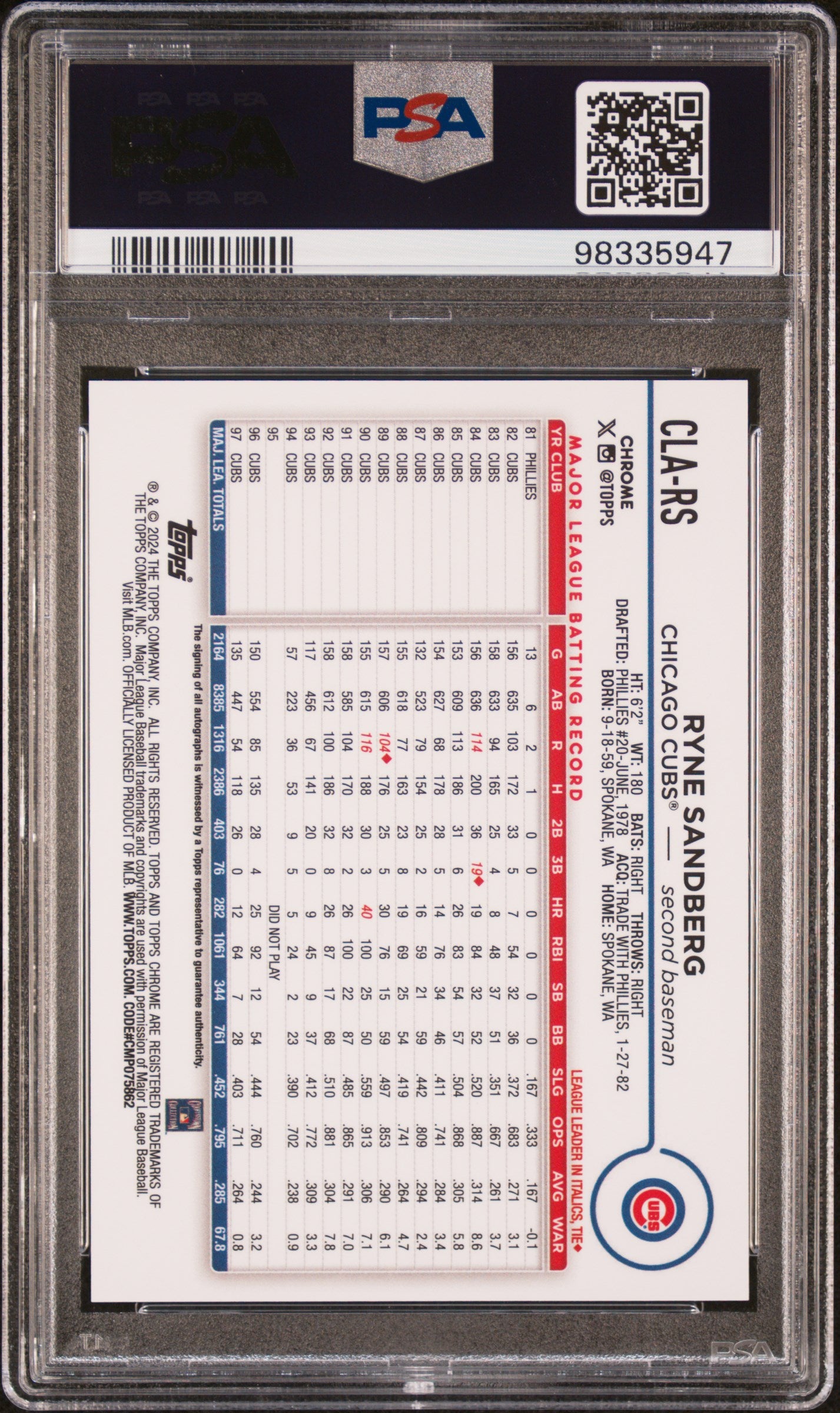 2024 Topps Chrome #CLAR-S Ryne Sandberg /50 PSA 9