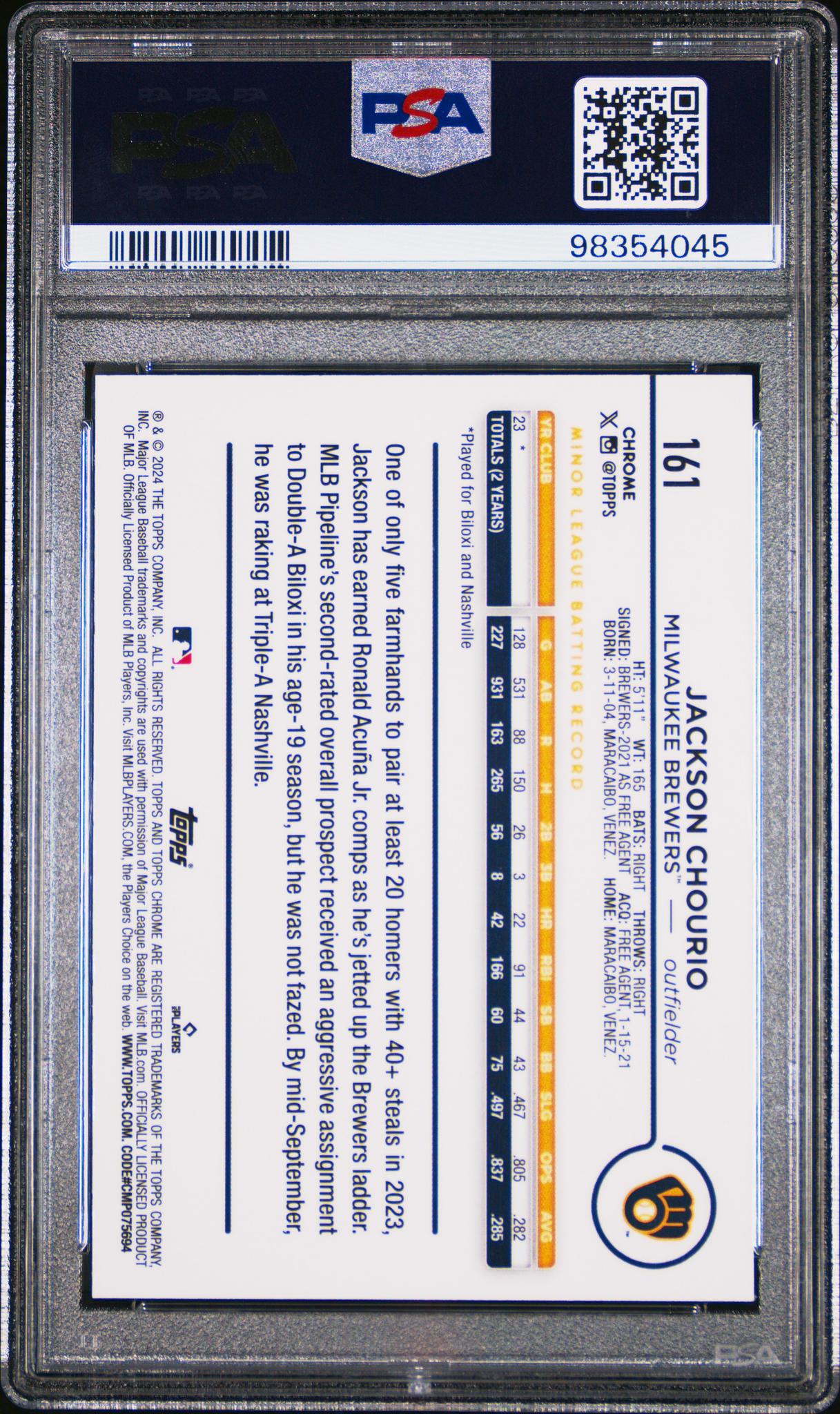 2024 Topps Chrome #161 Jackson Chourio Purple Speckle Refractor PSA 9
