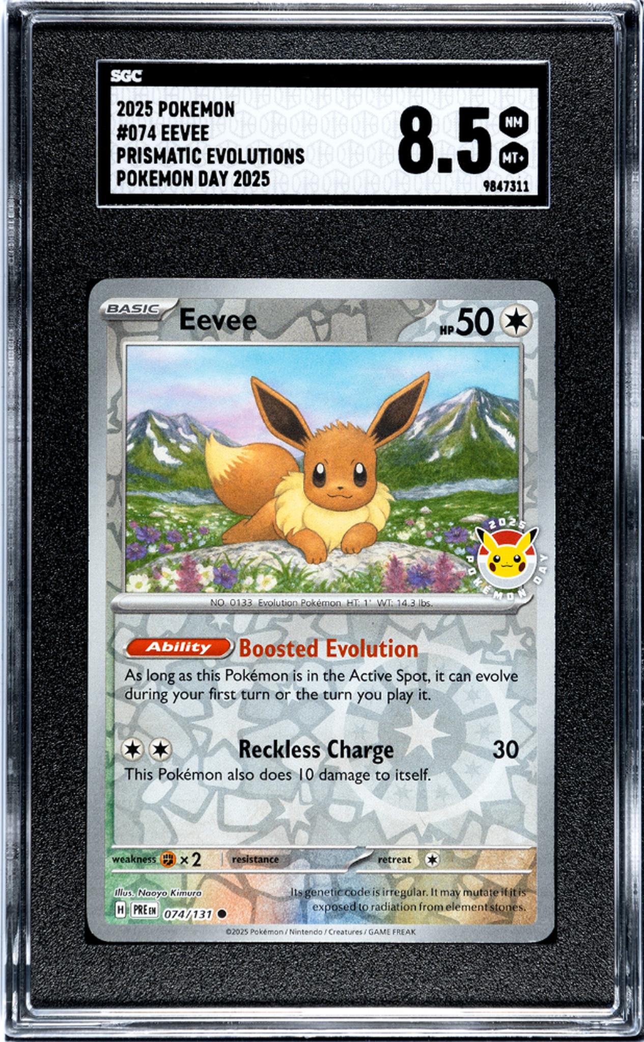 2025 Prismatic Evolutions #074/131 Eevee Pokemon Day 2025 SGC 8.5