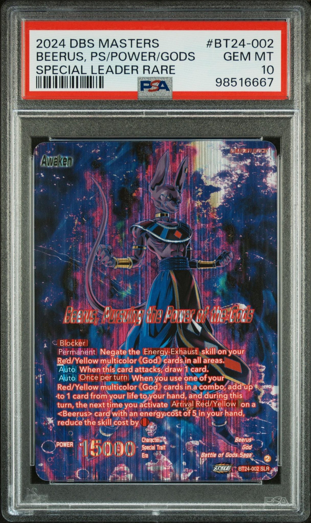 2024 Dragon Ball Super Card Game Masters Series 24 Beyond Generations #BT24-002 Beerus, Ps/Power/Gods Special Leader Rare PSA 10