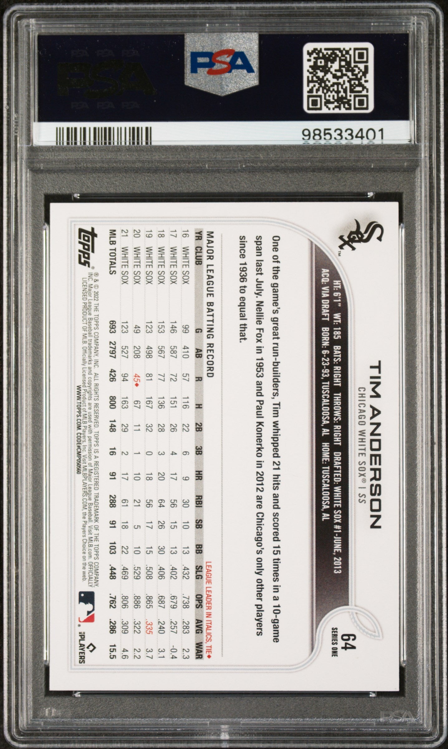 2022 Topps Tim Anderson #64 PSA 10 SP