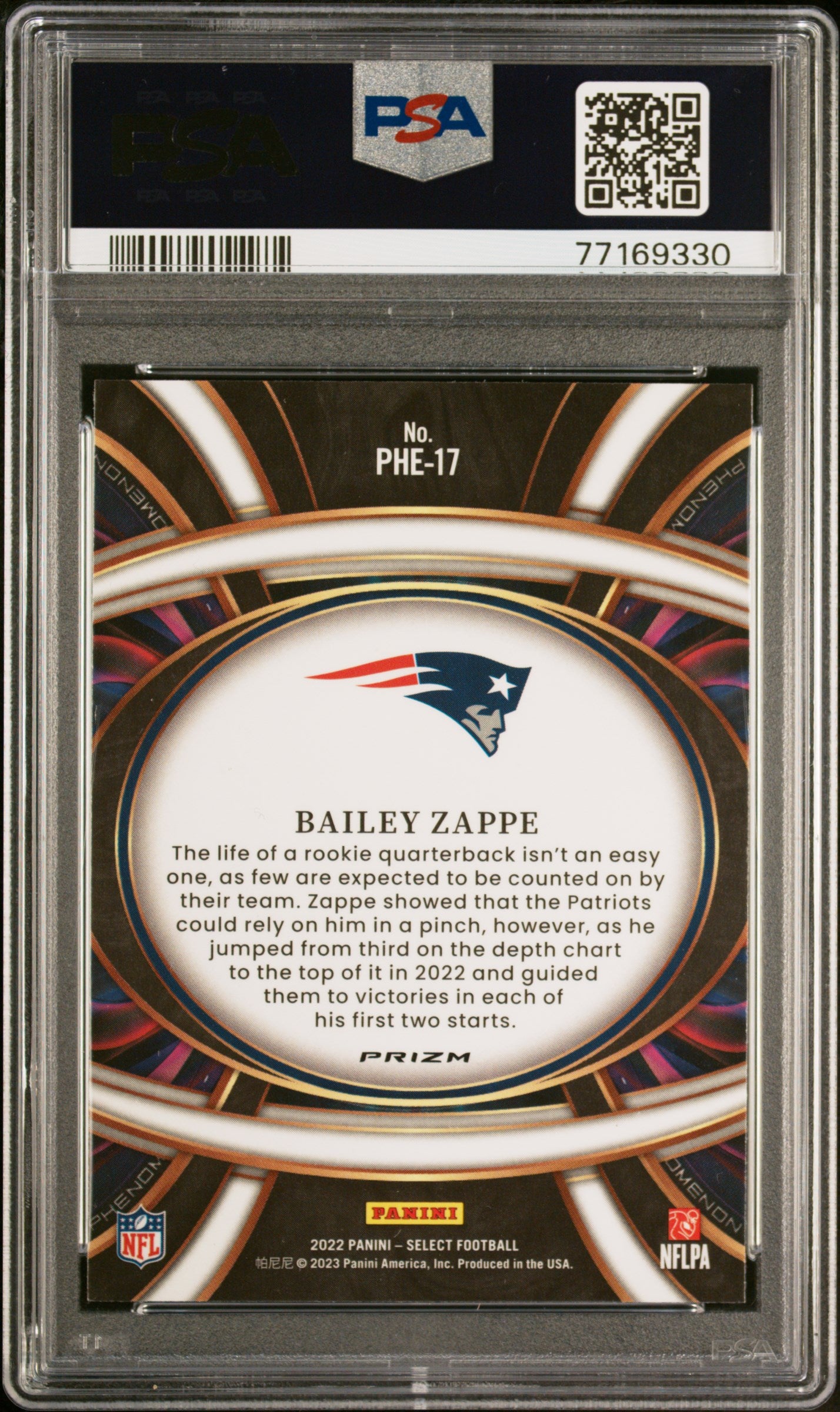 2022 Panini Select Phenomenon Silver Prizm Bailey Zappe #PHE17 RC PSA 9