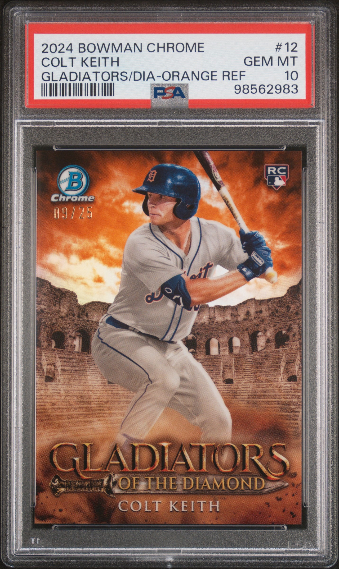 2024 Bowman Chrome Gladiators of the Diamond #12 Colt Keith Gladiators/Dia-Orange Ref PSA 10