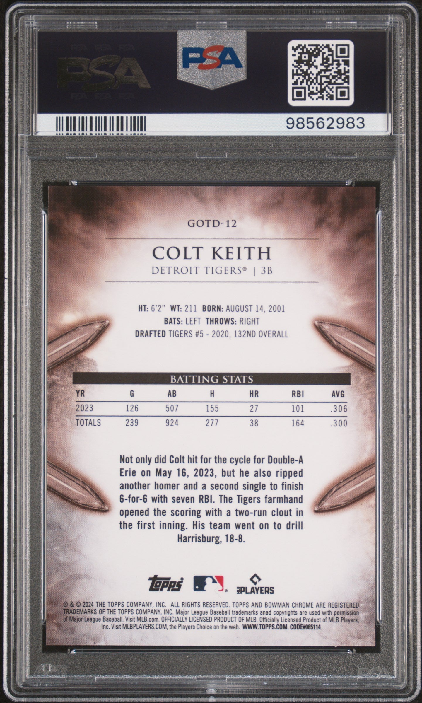 2024 Bowman Chrome Gladiators of the Diamond #12 Colt Keith Gladiators/Dia-Orange Ref PSA 10