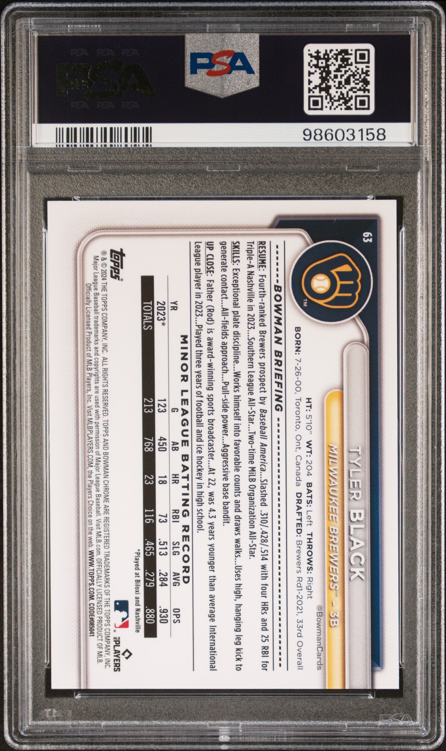2024 Bowman Chrome #63 Tyler Black Red Refractor PSA 9