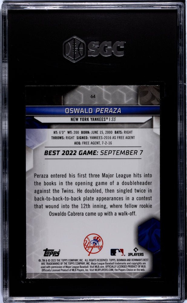 2023 Bowman's Best #64 Oswald Peraza SGC 10