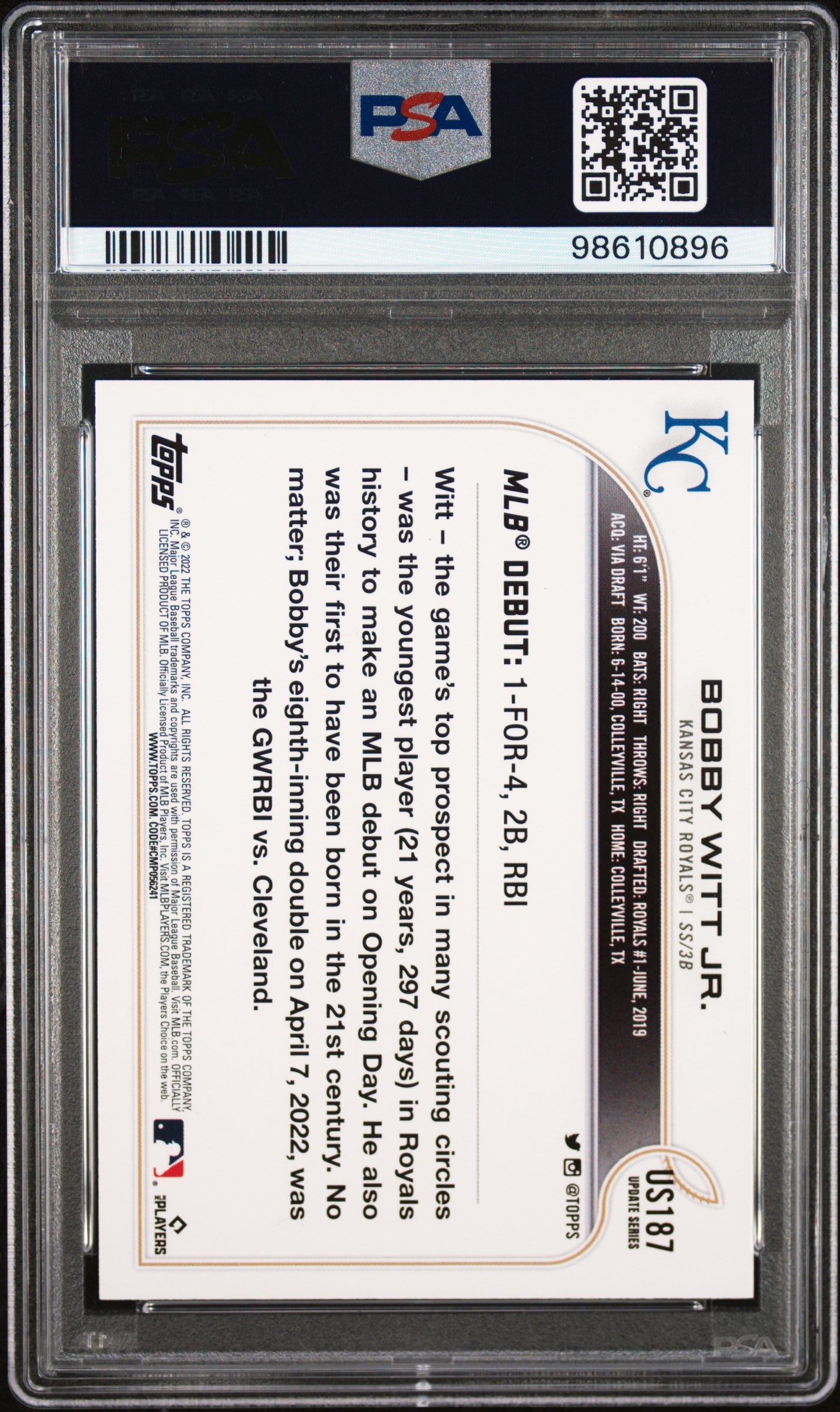 2022 Topps Update #US187 Bobby Witt Jr. Gold Foil PSA 9