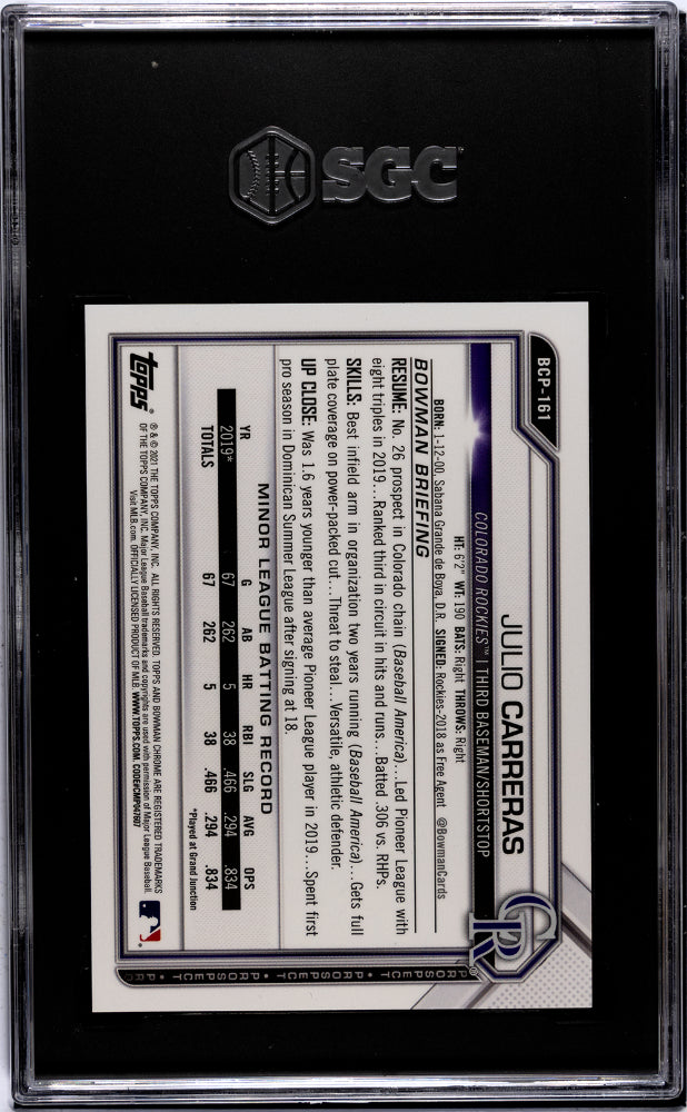 2021 Bowman Chrome Prospects #BCP-161 Julio Carreras Purple Shimmer Refractor 69/250 SGC 9