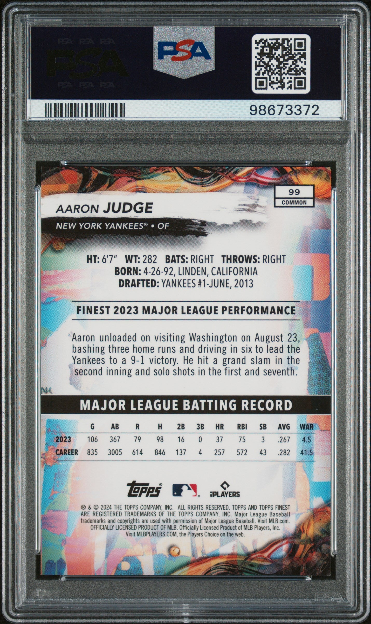 2024 Topps Finest Sky Blue Refractor Aaron Judge #99 /325 PSA 10