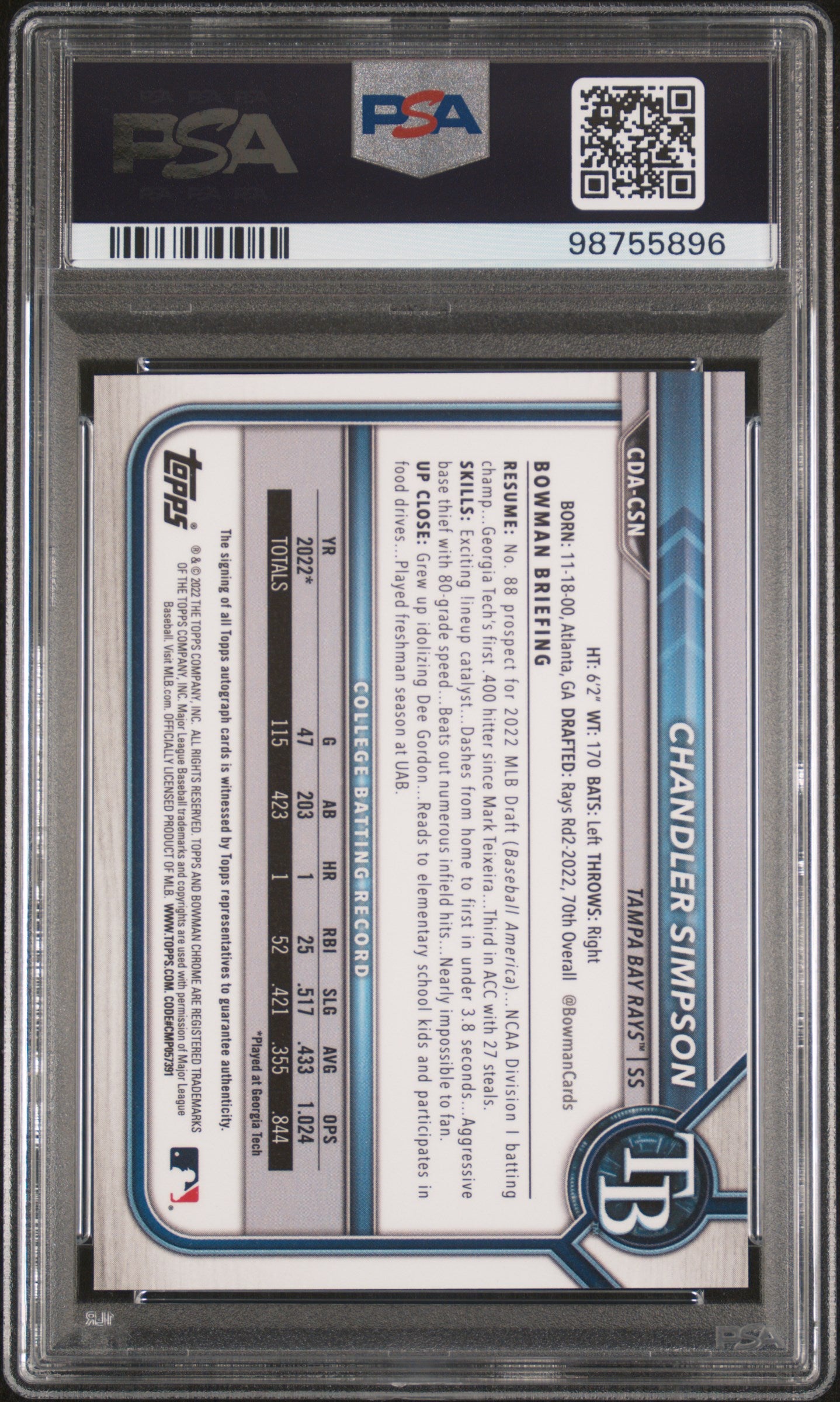 2022 Bowman #CDA-CSN Chandler Simpson Chrome Draft Pick Auto PSA 10