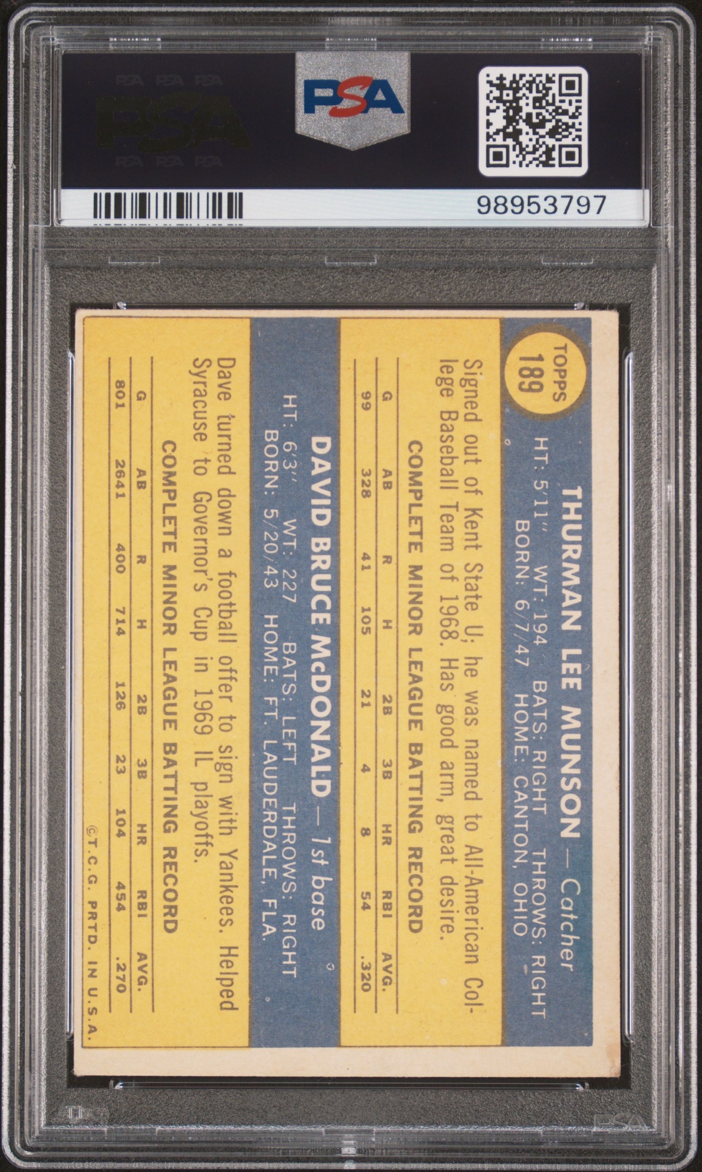 1970 Topps #189 Dave Mcdonald/Thurman Munson PSA 2