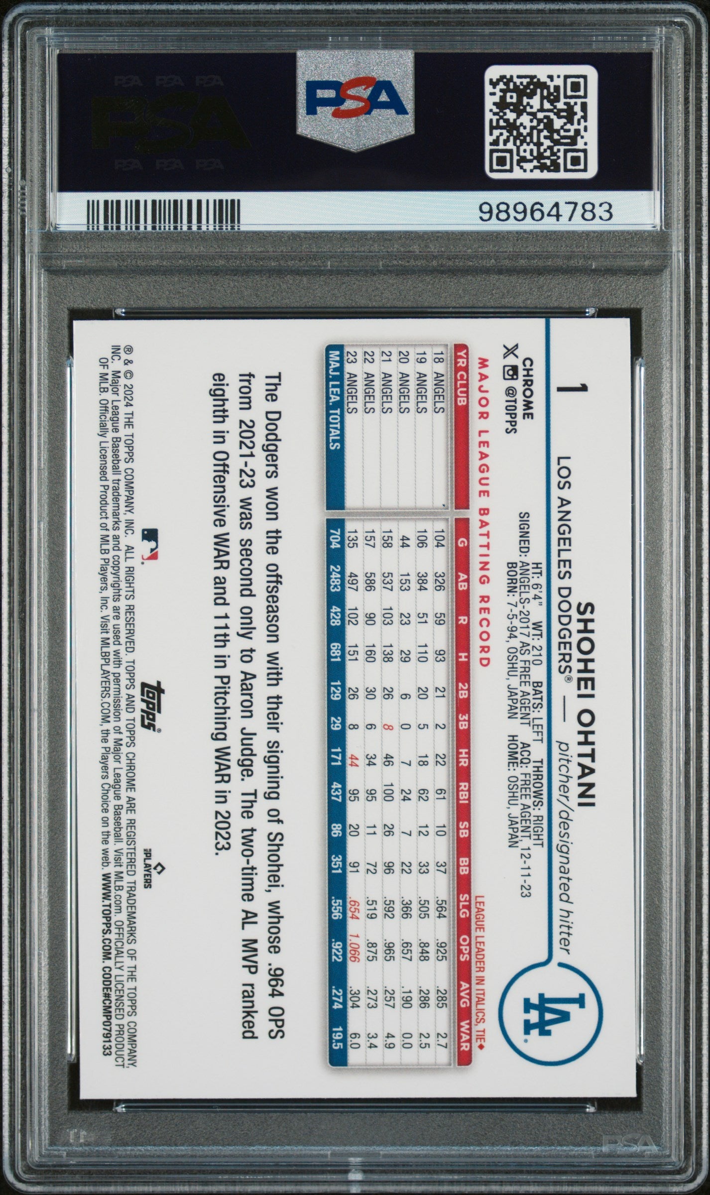 2024 Topps Chrome Logofractor #1 Shohei Ohtani PSA 10