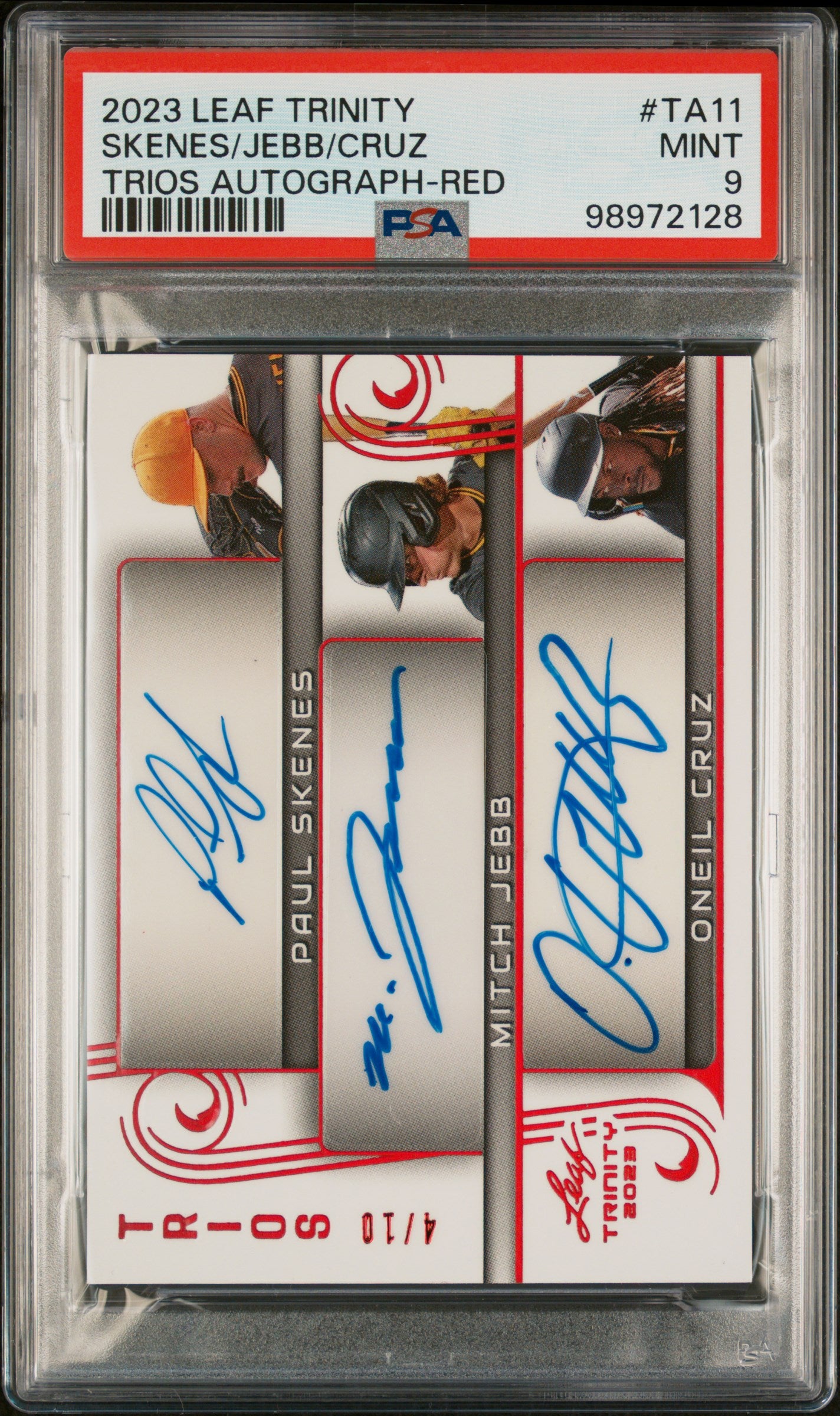2023 Leaf Trinity Trios Autographs Red Mitch Jebb/Oneil Cruz/Paul Skenes #TA11 /10 PSA 9