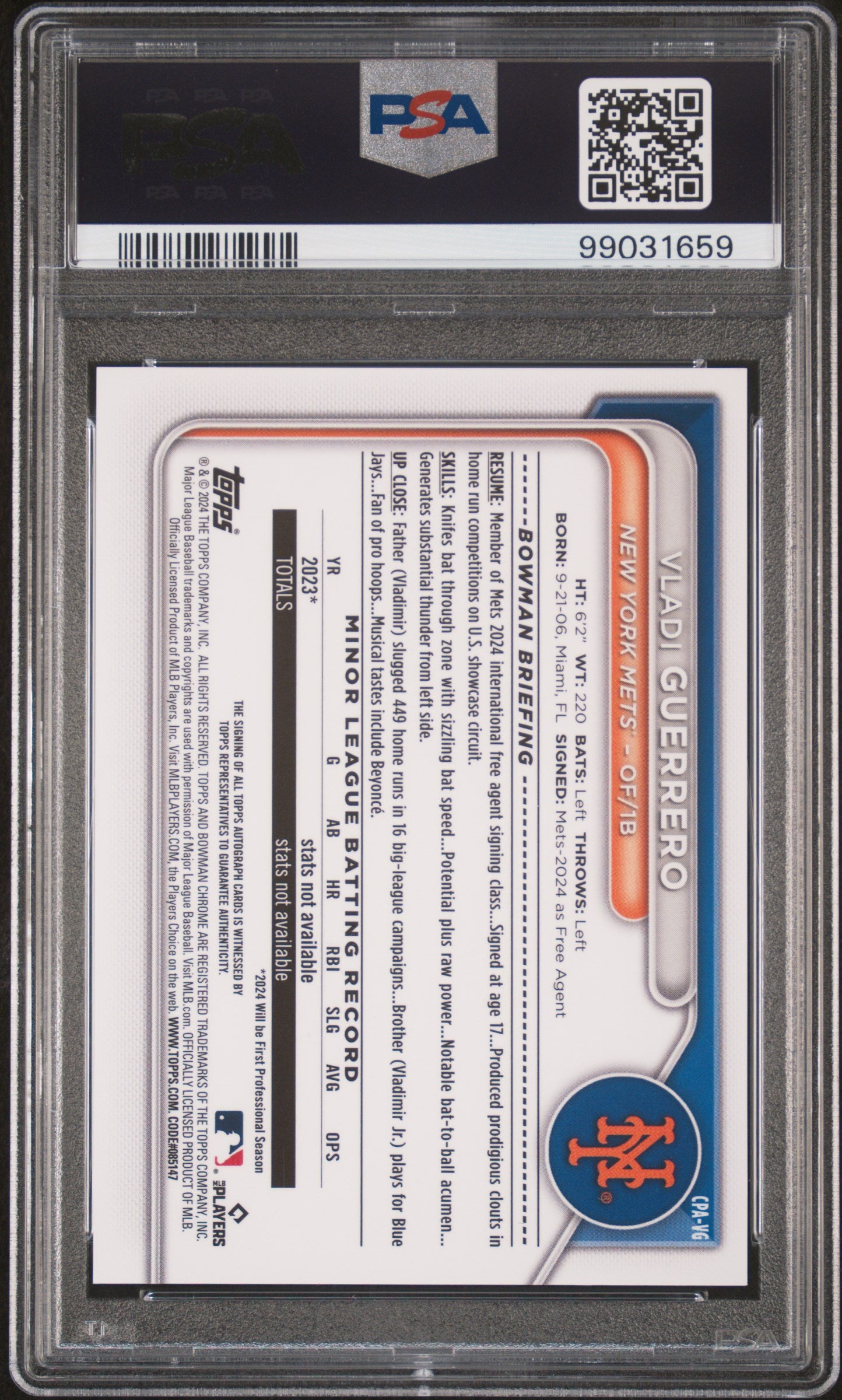 2024 Bowman #CPAVG Vladimir Guerrero Chrome Prospect Autograph PSA 10
