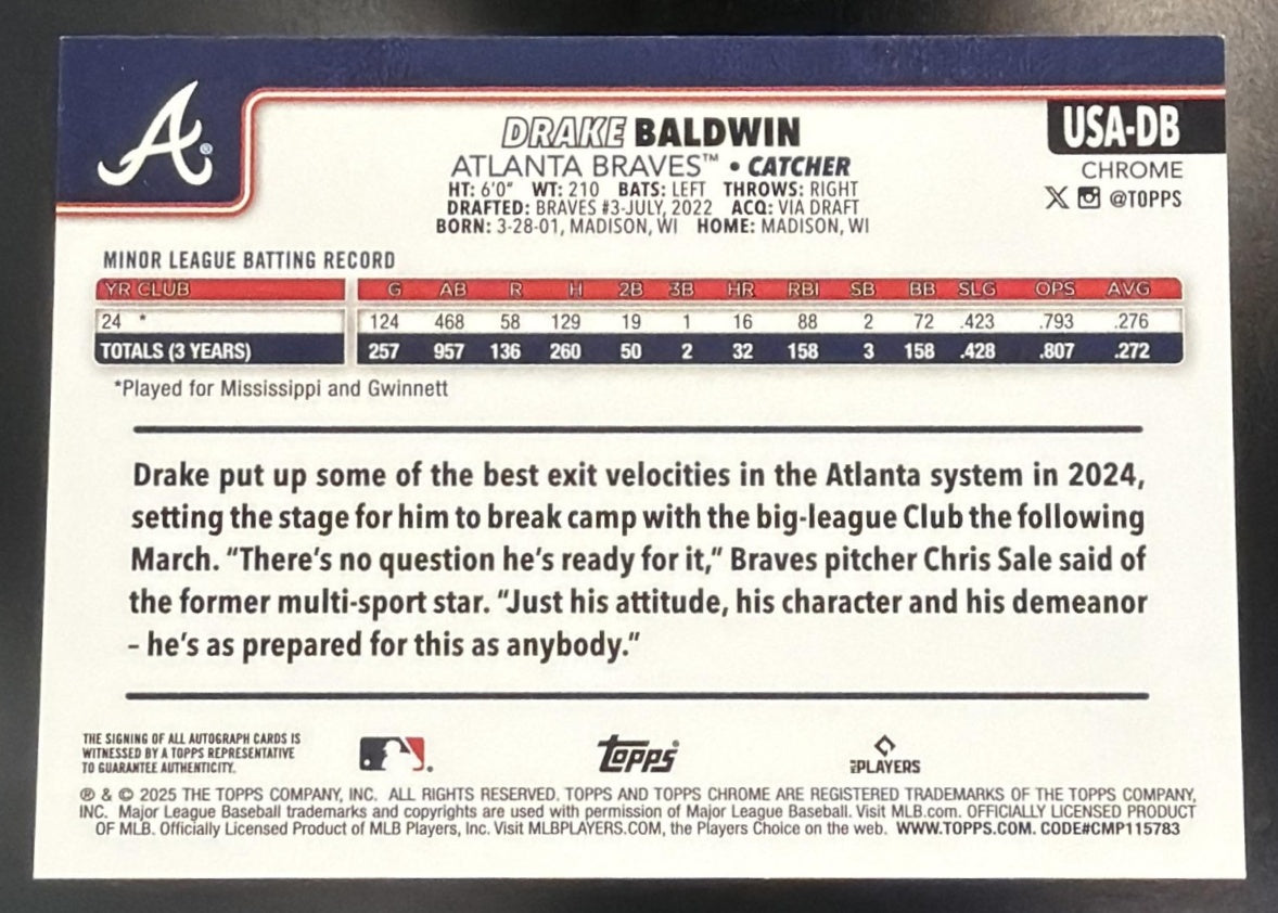 2025 Topps Chrome Update Sapphire Drake Baldwin #USA-DB Auto Red Refractor /5 RC