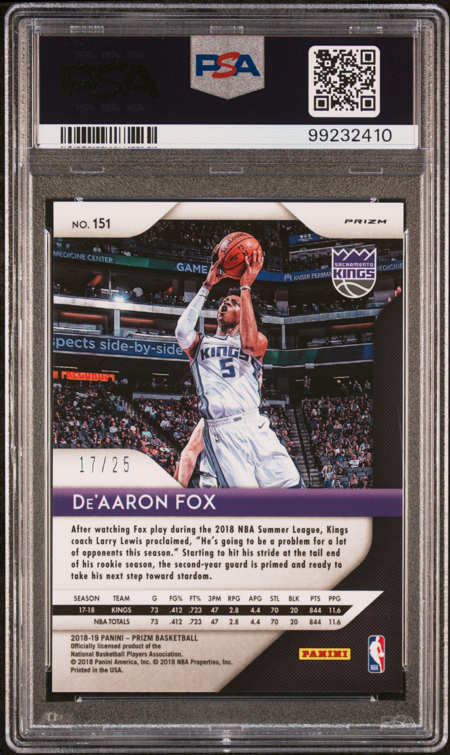 2018 Panini Prizm Green Pulsar Prizm De'Aaron Fox #151 /25 PSA 8