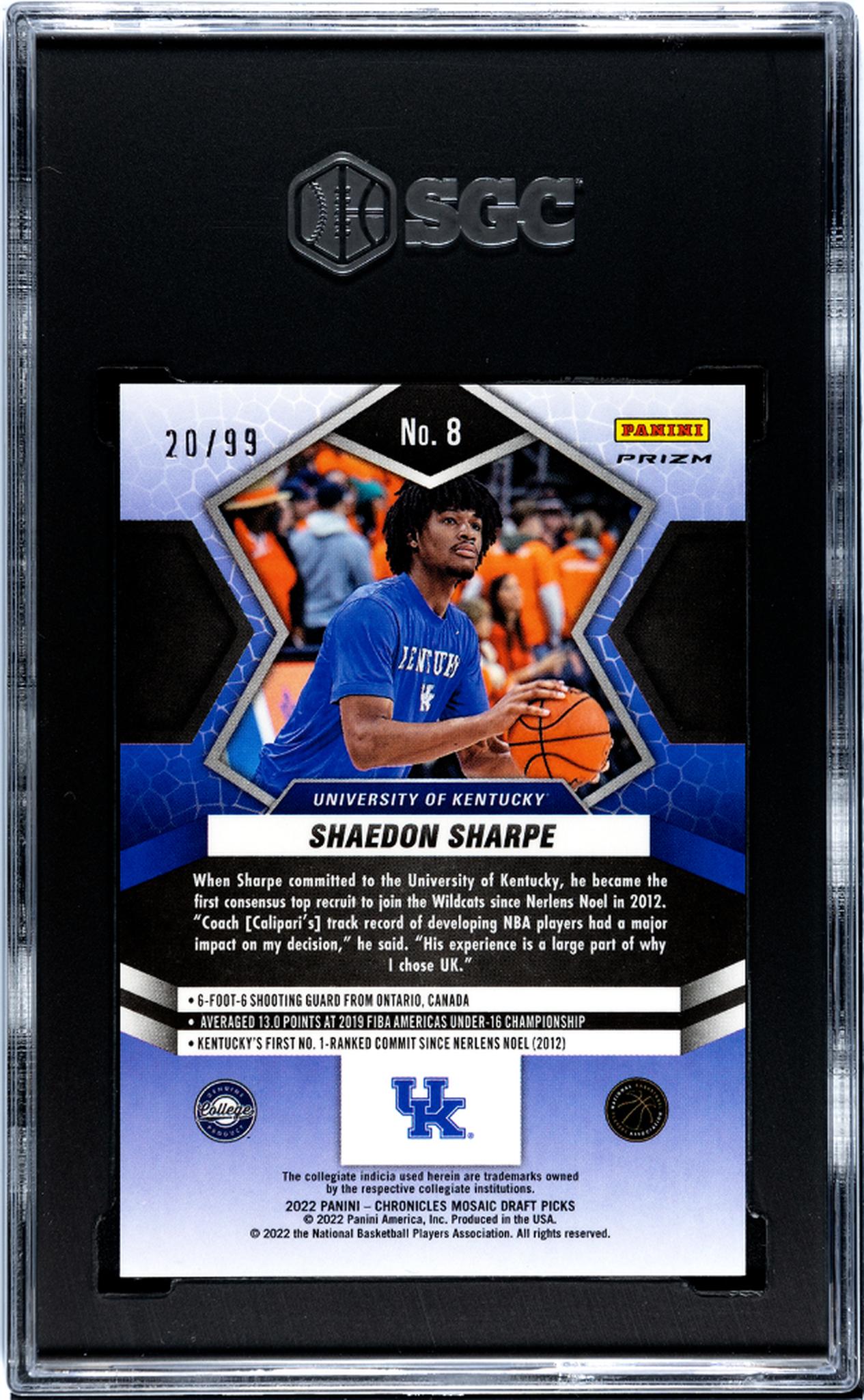 2022-23 Panini Chronicles Draft Picks #8 Shaedon Sharpe Mosaic Blue Prizm 20/99 SGC 8