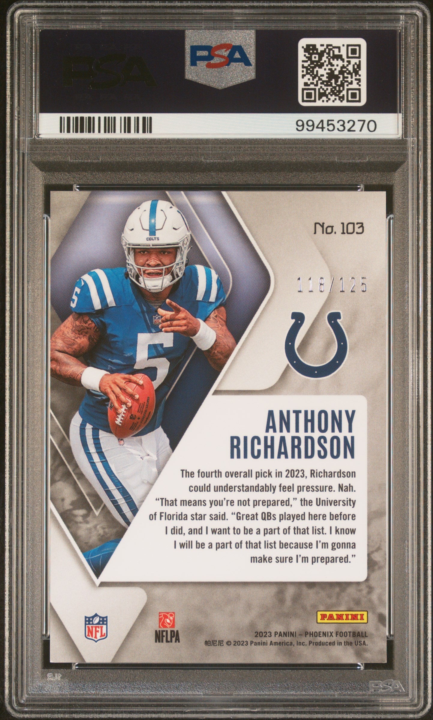 2023 Panini Phoenix Purple Anthony Richardson #103 RC /125 PSA 10