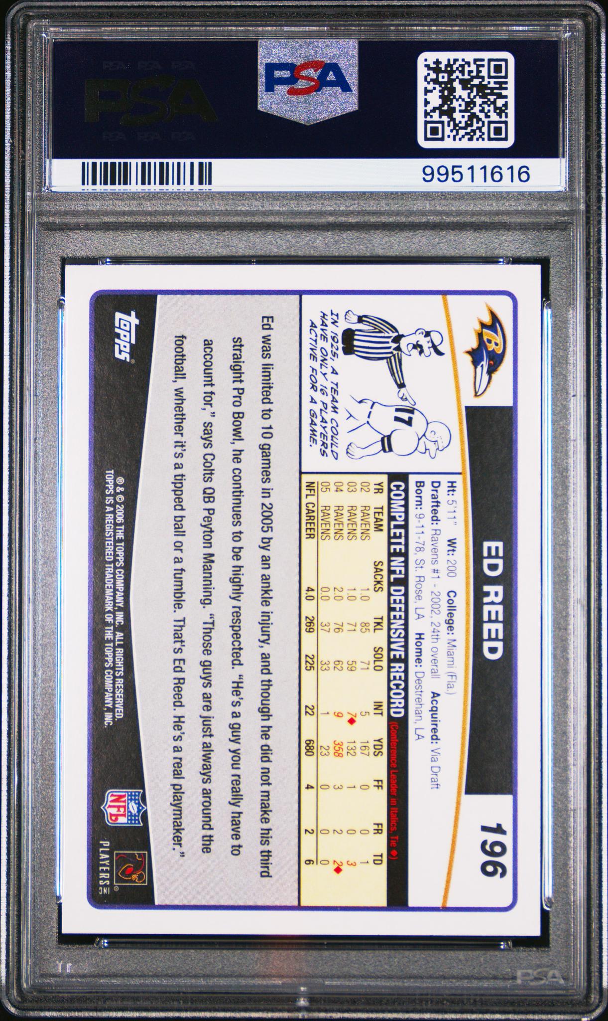 2006 Topps Printing Plates Cyan Ed Reed #196 PSA 10